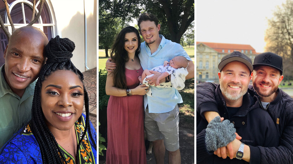 Thousands of couples have been separated by pandemic-related travel restrictions. Lots of them are unmarried. (Johannes Mahele and Joresa Blount; Corsi Crumple and Sean Donovan; Todd Alsup and Sebastian Pinde)