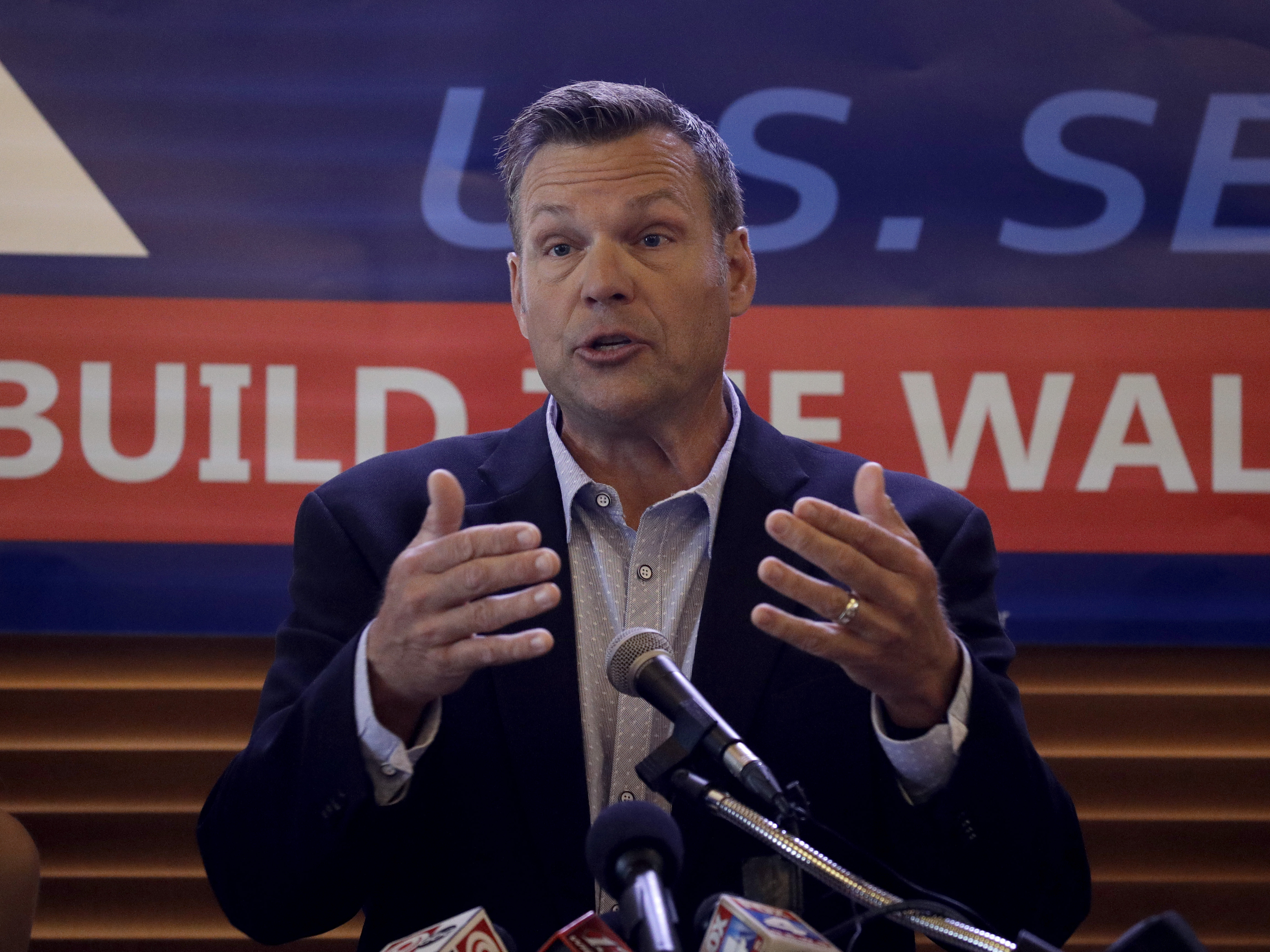 Former Kansas Secretary of State Kris Kobach addresses the crowd as he announces his candidacy for the Republican nomination for the U.S. Senate on July 8, 2019, in Leavenworth, Kan. (AP)