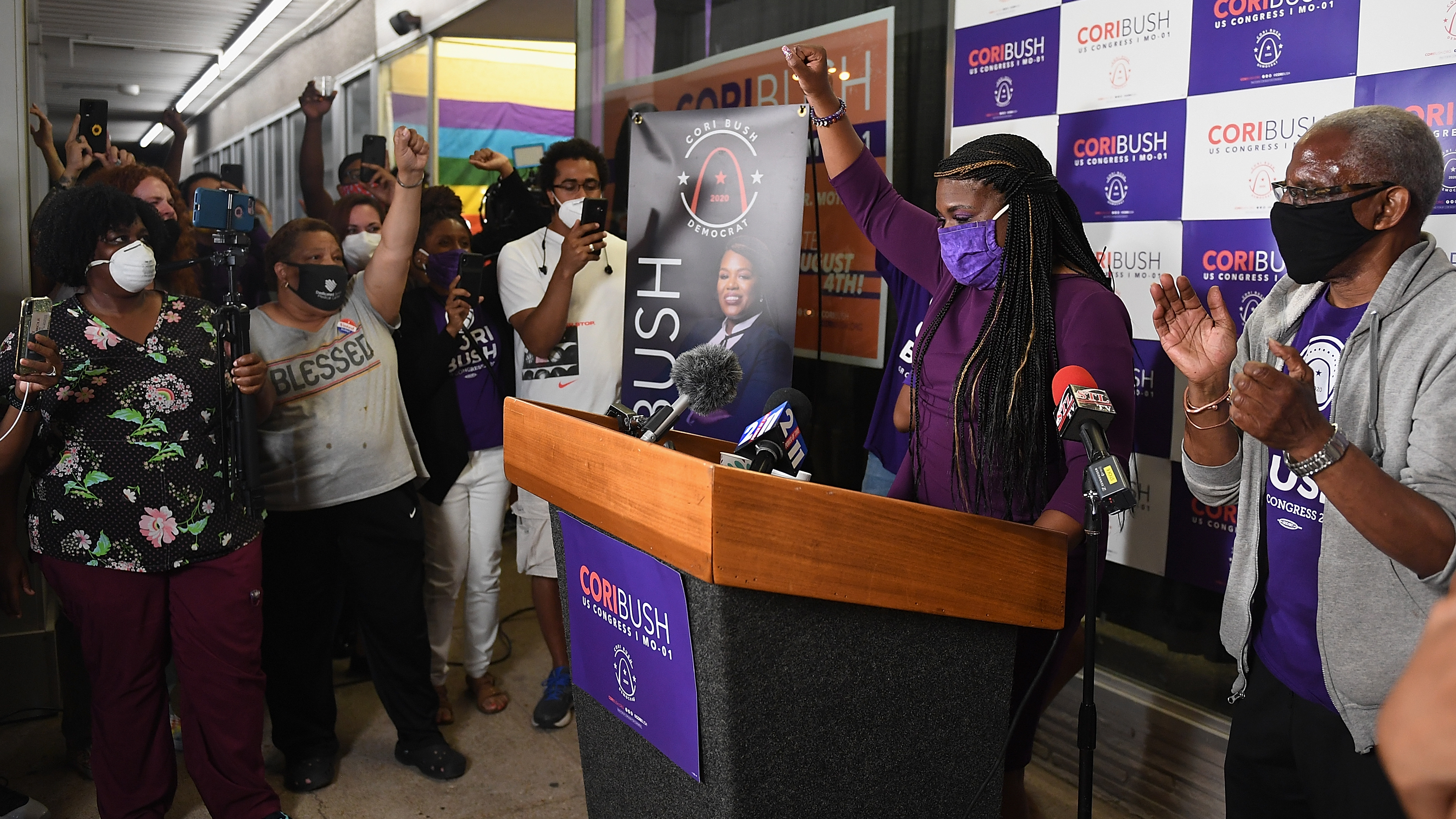 Cori Bush gives her victory speech at her campaign office on Tuesday in St. Louis. (Getty Images)