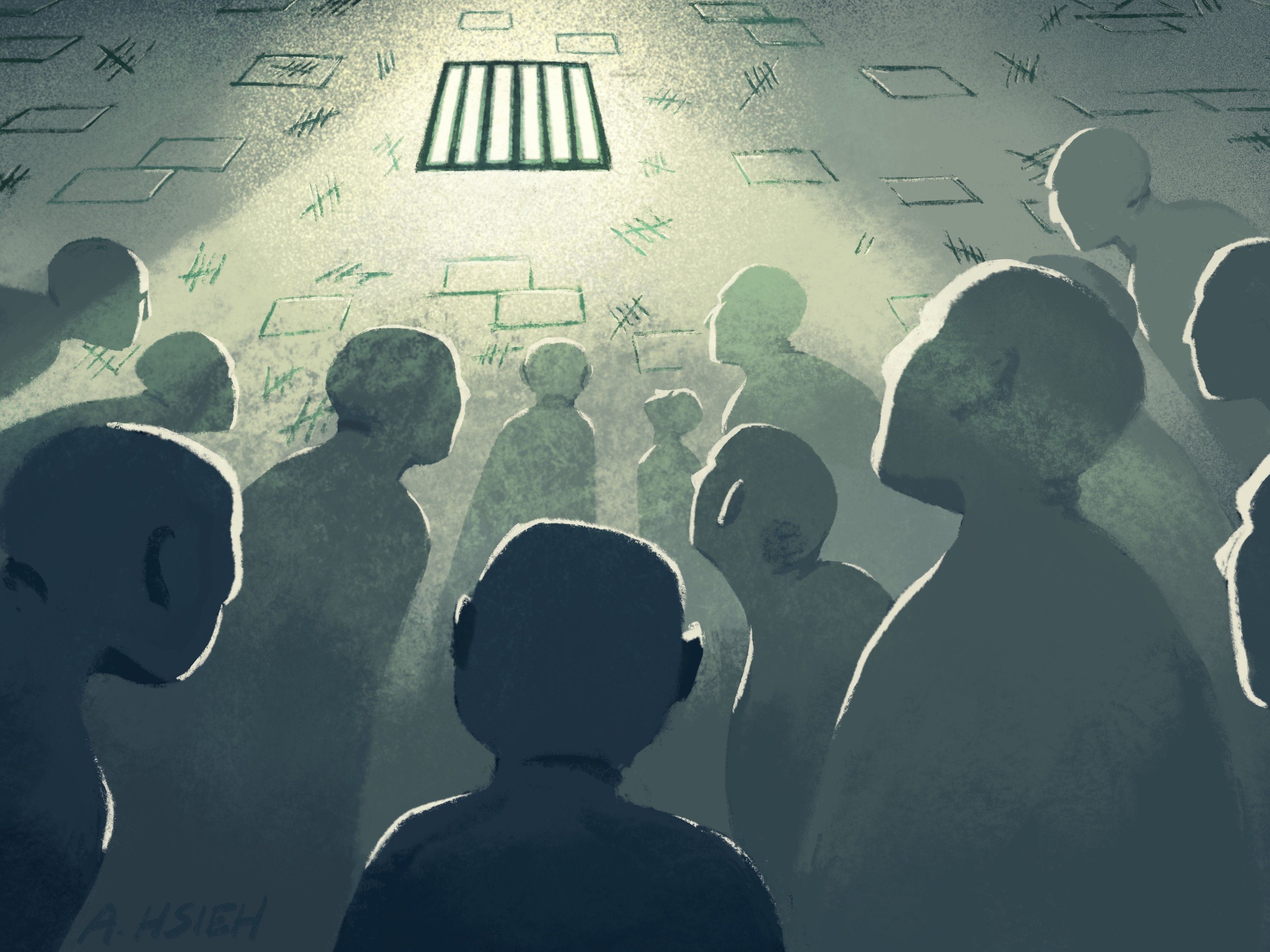Incarcerated people looking out of small jail window. (Angela Hsieh)