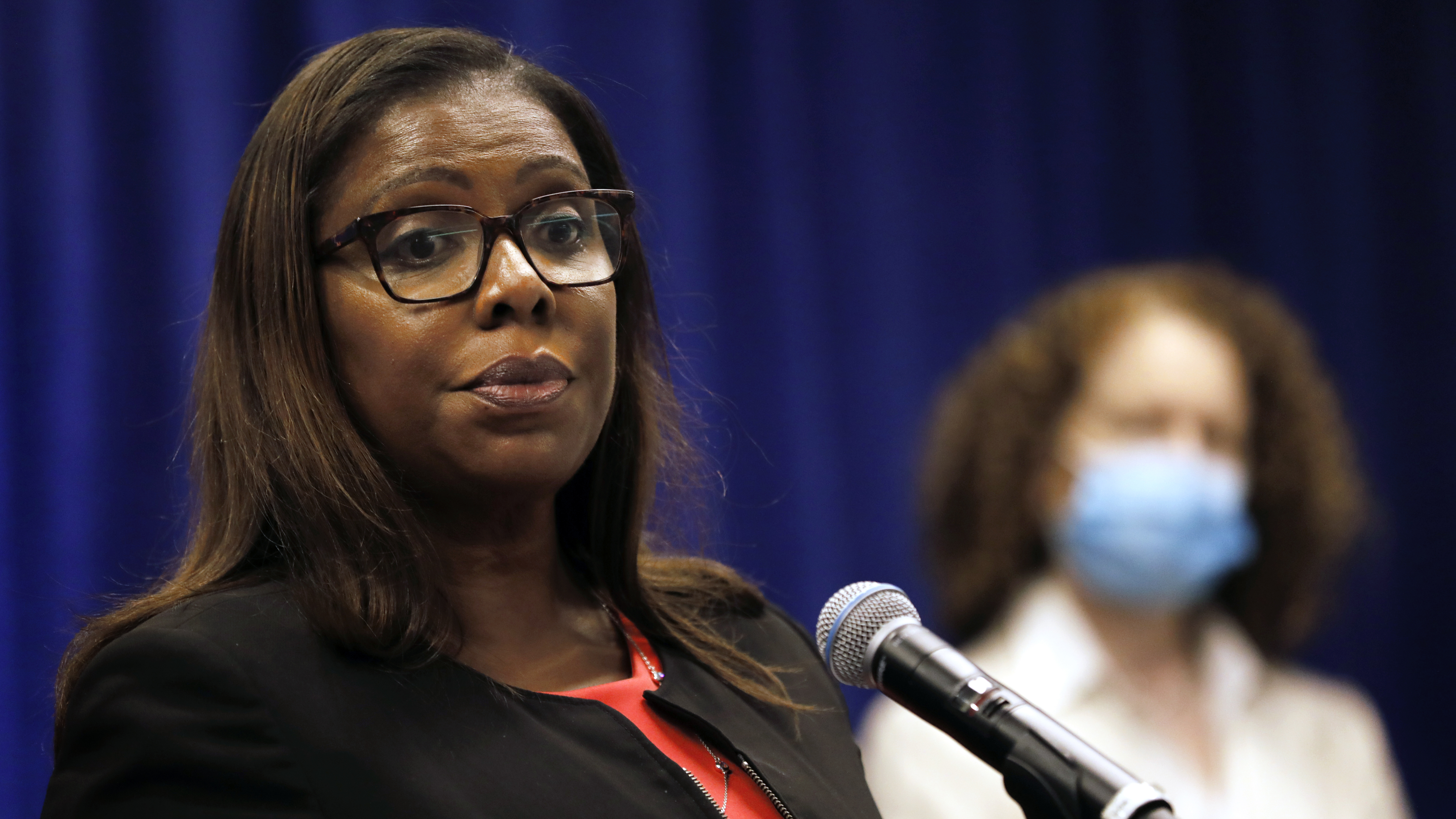 Letitia James, New York's attorney general, pauses while speaking during a news conference on Aug. 6, 2020, where she announced a civil action seeking to dissolve the National Rifle Association. (Bloomberg via Getty Images)
