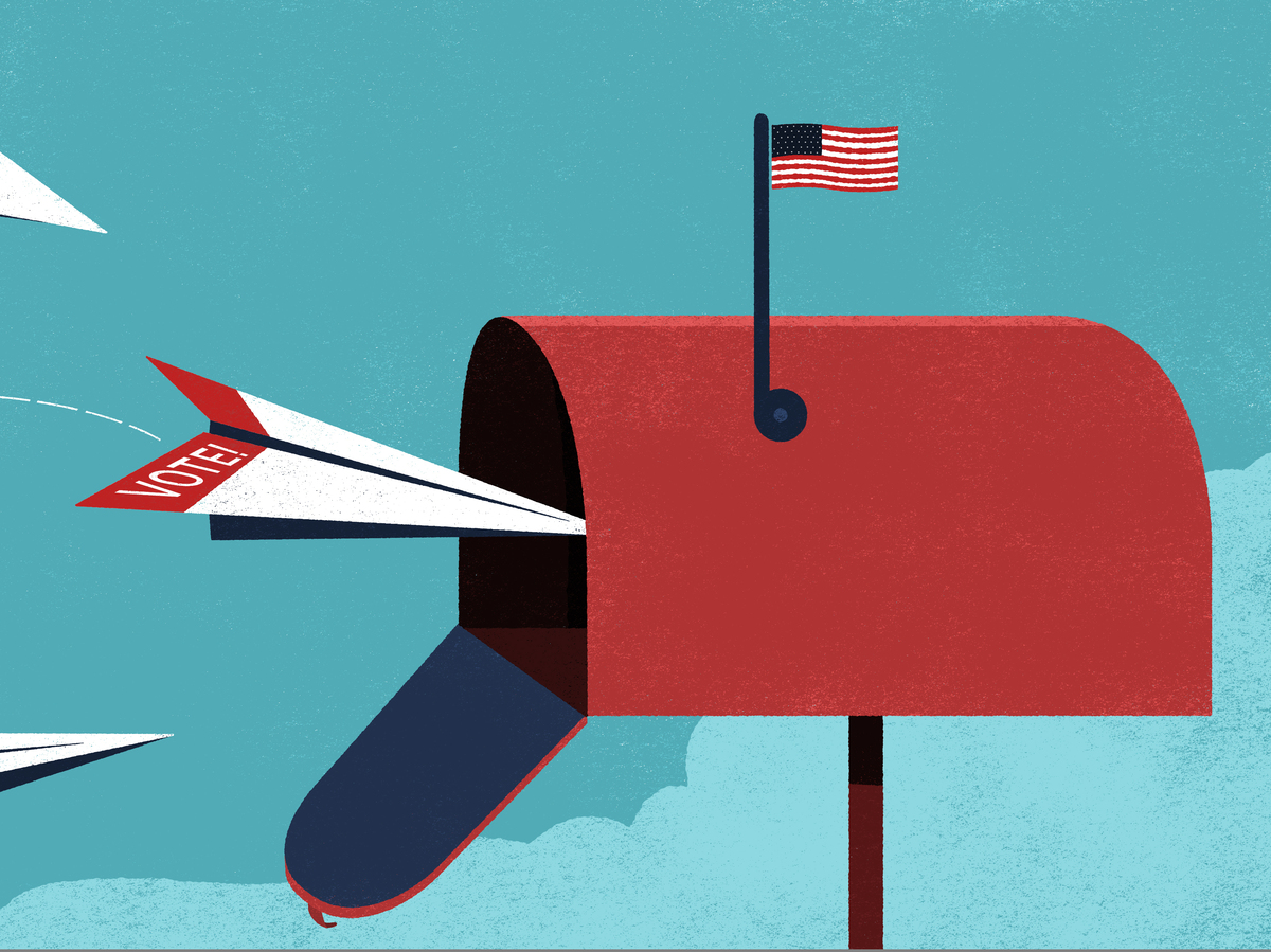 Ballot flying into a mailbox.