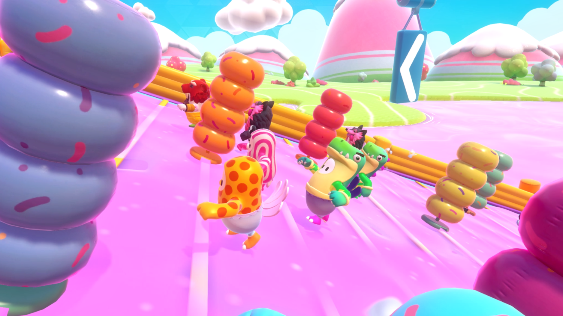 The fun of <em>Fall Guys</em> comes in watching its little jelly bean-shaped characters getting whacked around goofy obstacle courses. (Mediatonic)