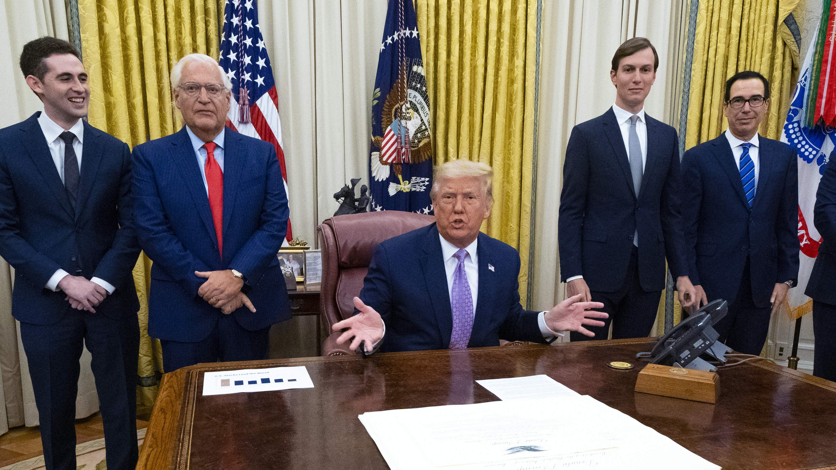 President Trump speaks during a Oval Office meeting Thursday with representatives of Israel and the United Arab Emirates, announcing an agreement to establish diplomatic ties between the two countries. (Pool/Getty Images)