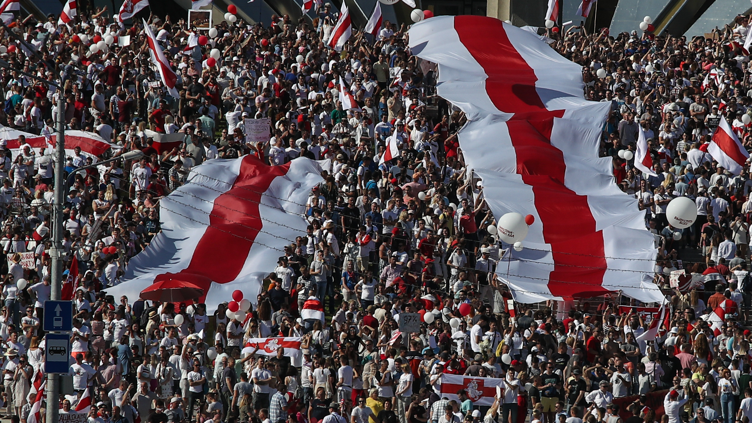 Protesters gather near the Minsk Hero City Obelisk in Belarus on Aug. 16 to protest the results of last week