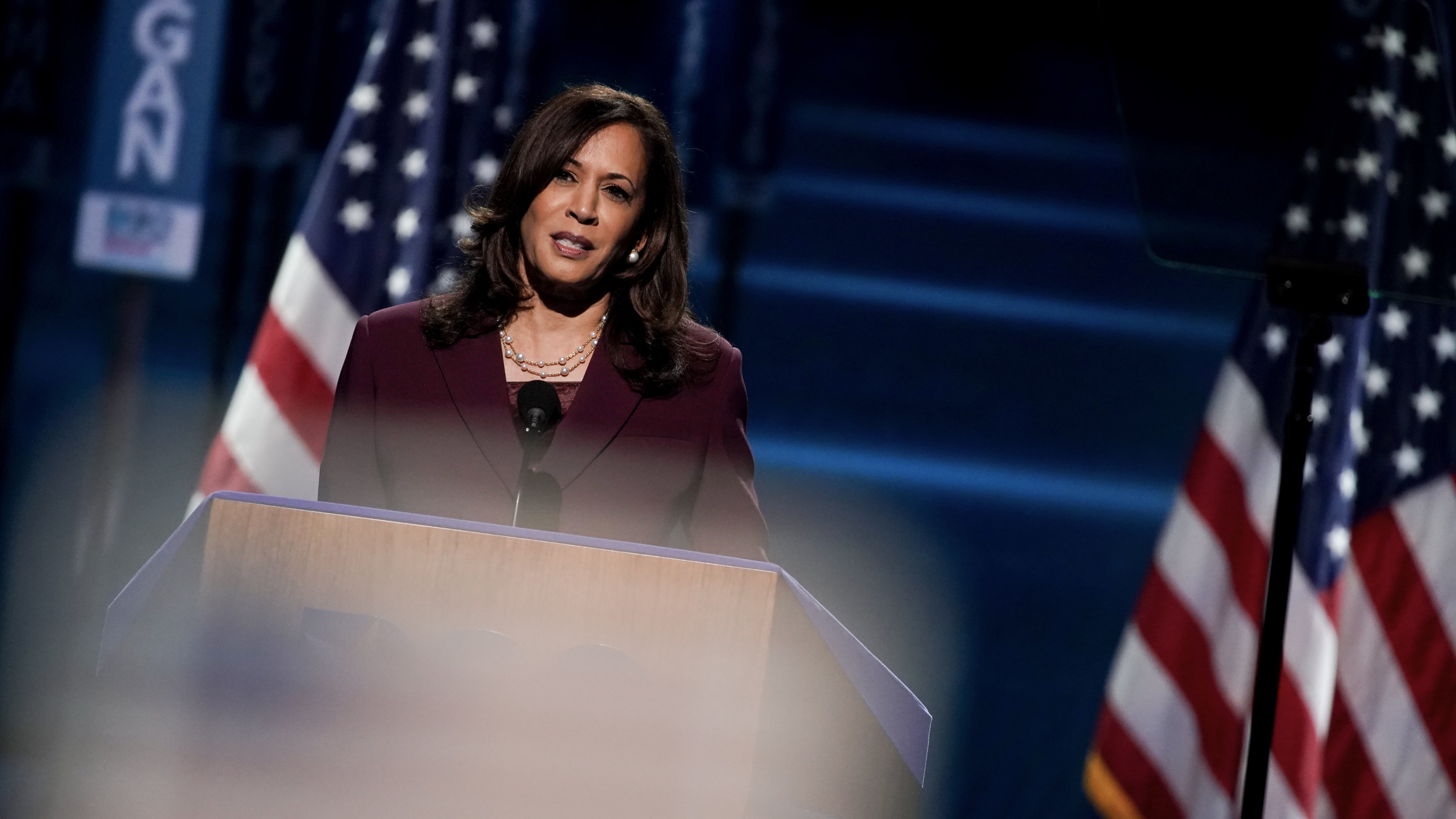 Sen. Kamala Harris, Democratic vice presidential nominee, speaks during the Democratic National Convention at the Chase Center in Wilmington, Del., on Wednesday. (Bloomberg via Getty Images)