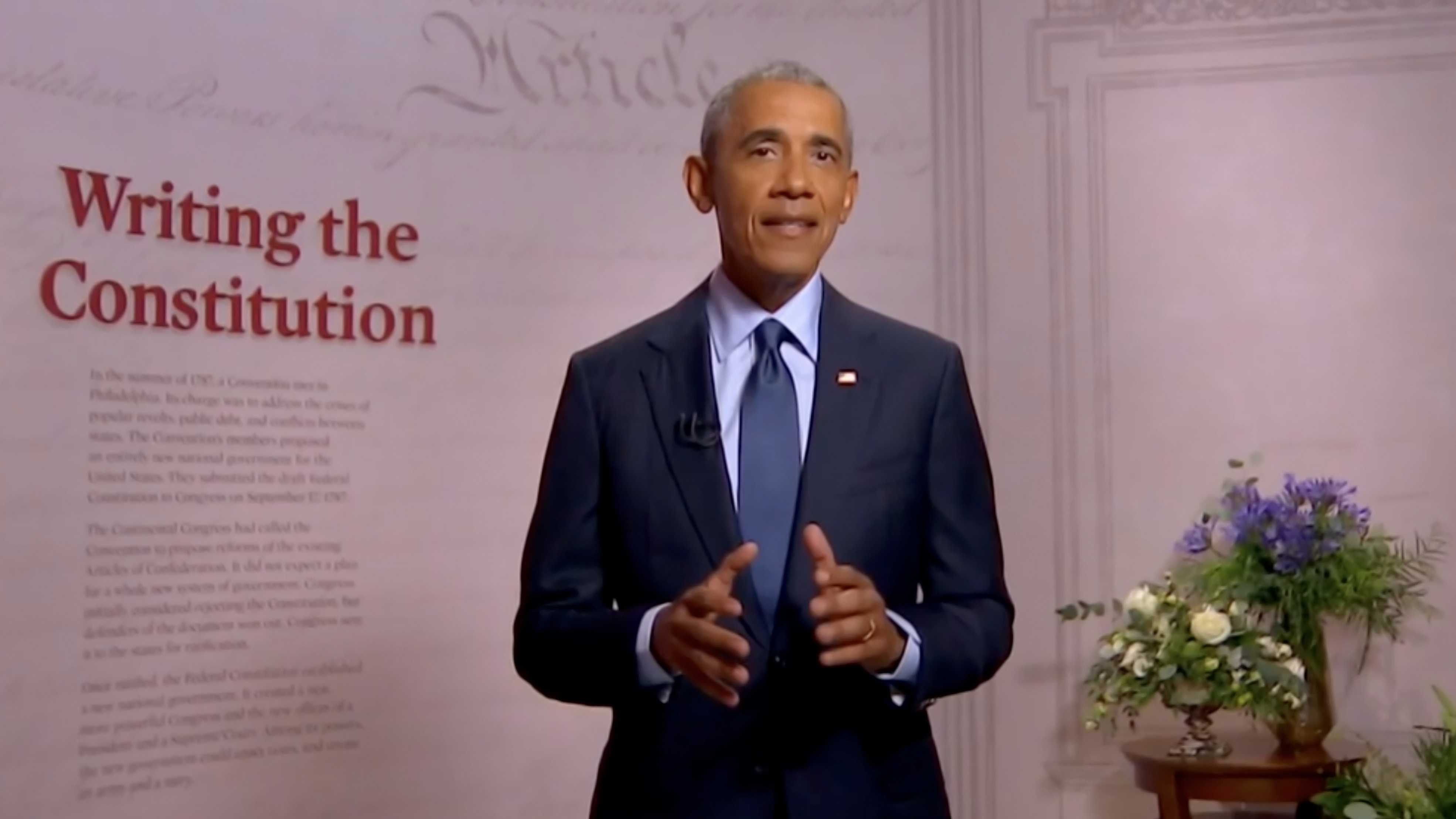 Former President Barack Obama addresses the virtual convention on Wednesday. (Screenshot of DNCC livestream via Getty Images)