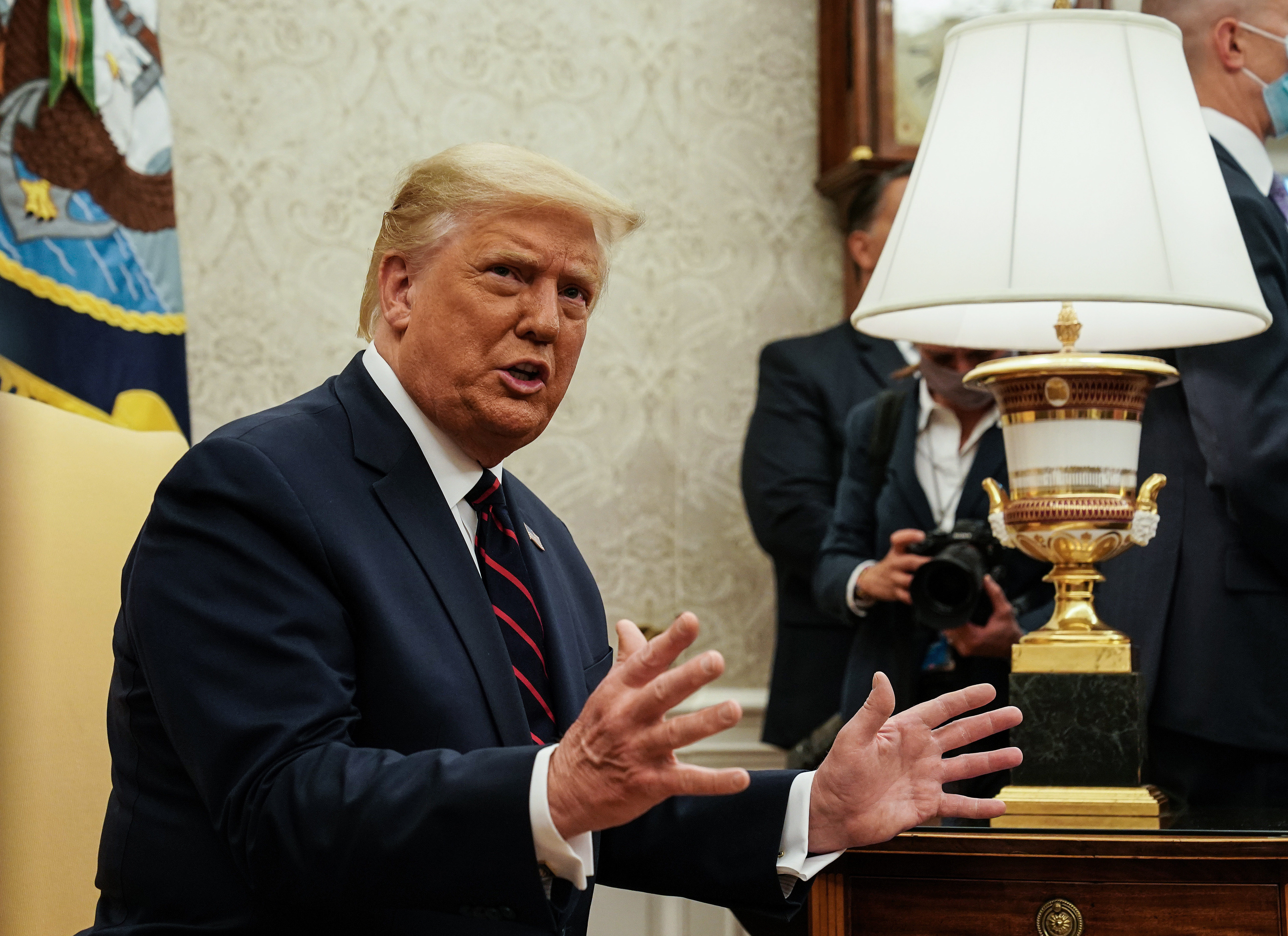 After meeting with Iraqi Prime Minister Mustafa al-Kadhimi in the Oval Office, President Trump addressed the judge's ruling, calling the case a &quot;continuation of the witch hunt.&quot; (Getty Images)