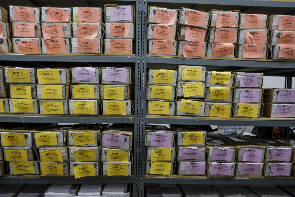Ballots are stored at the Franklin County Board of Elections in Columbus, Ohio, on April 28, the final day of that state's primary election. An NPR analysis finds that more than 500,000 absentee ballots were rejected in primaries this year. (Matthew Hatcher/Getty Images)