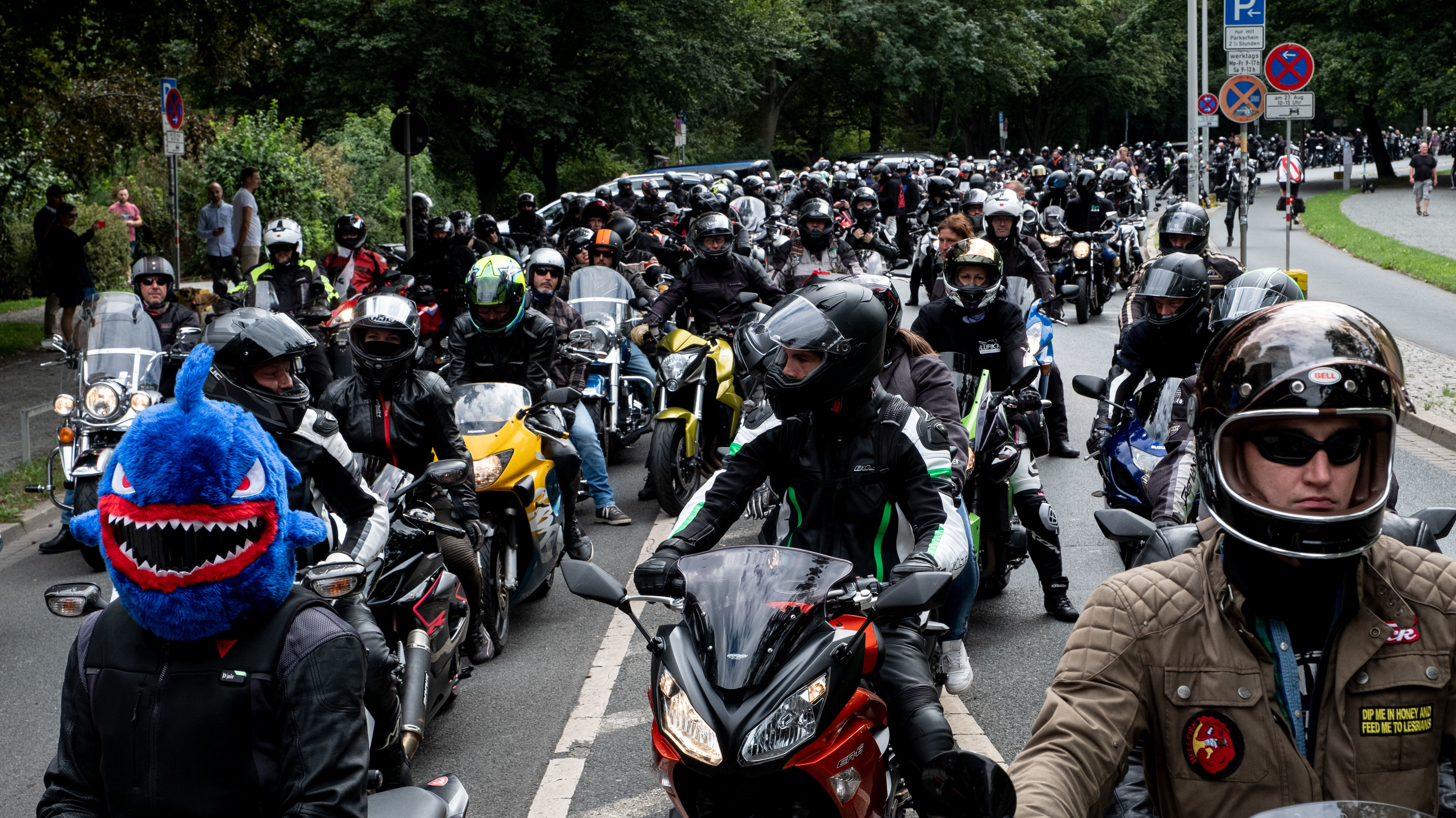 German motorcyclists demonstrate Sunday in Lower Saxony, Hanover, against proposals to restrict their rides.