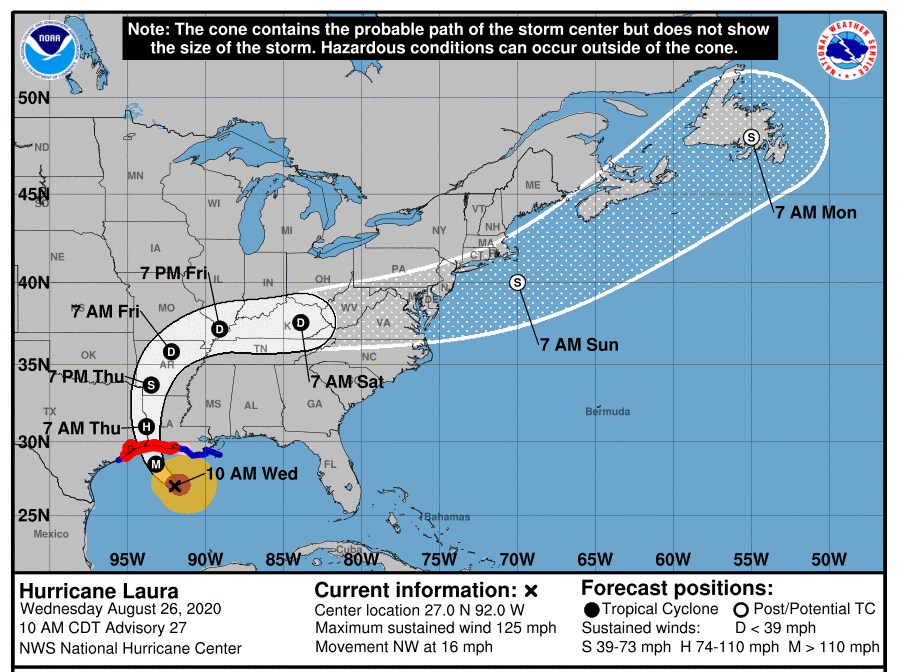 The National Hurricane Center predicts that Hurricane Laura will make landfall as a Category 4 storm.