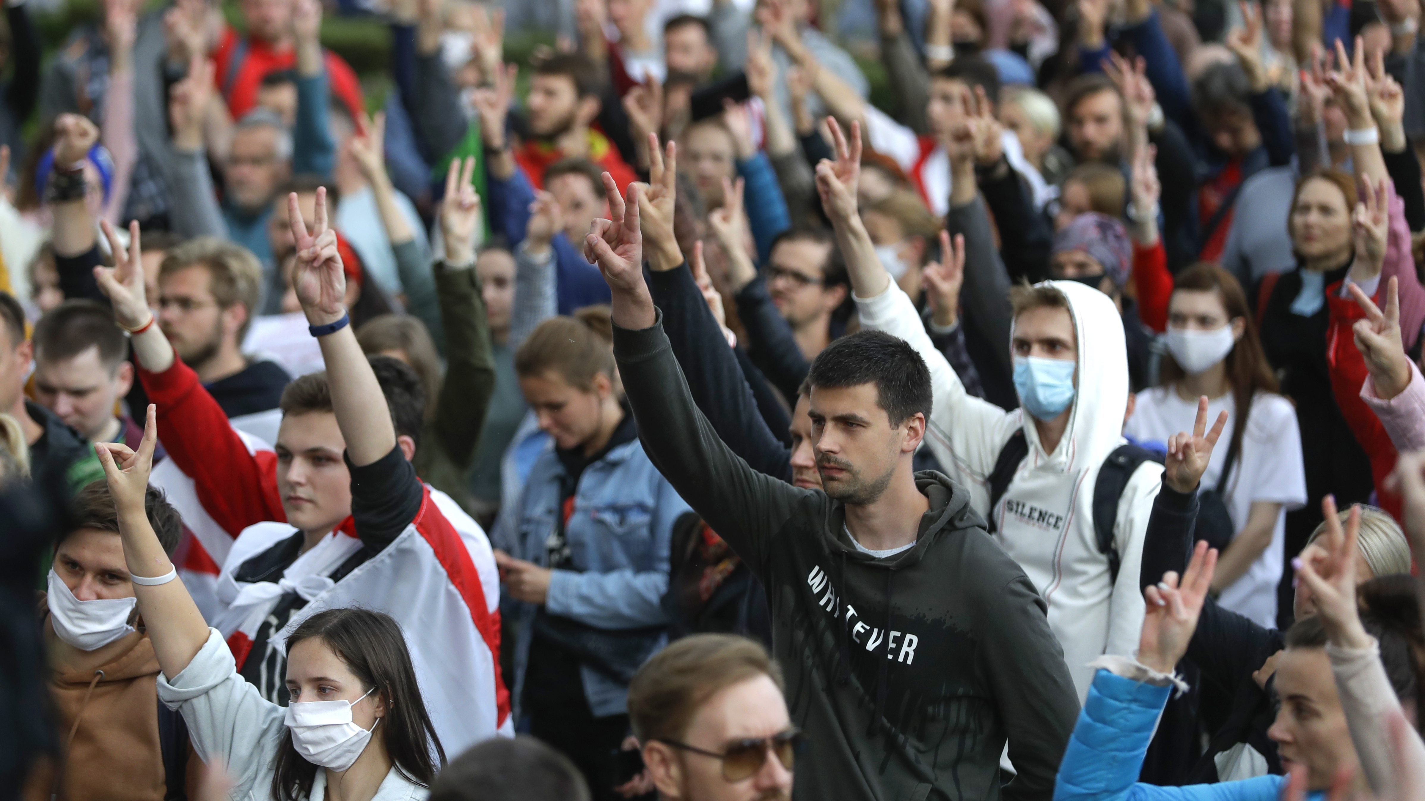 People protest at the Independence Square in Minsk on Thursday.