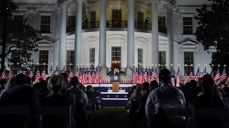 President Trump speaks from the South Lawn of the White House on Thursday night, the last day of the Republican National Convention. (Evan Vucci/AP)