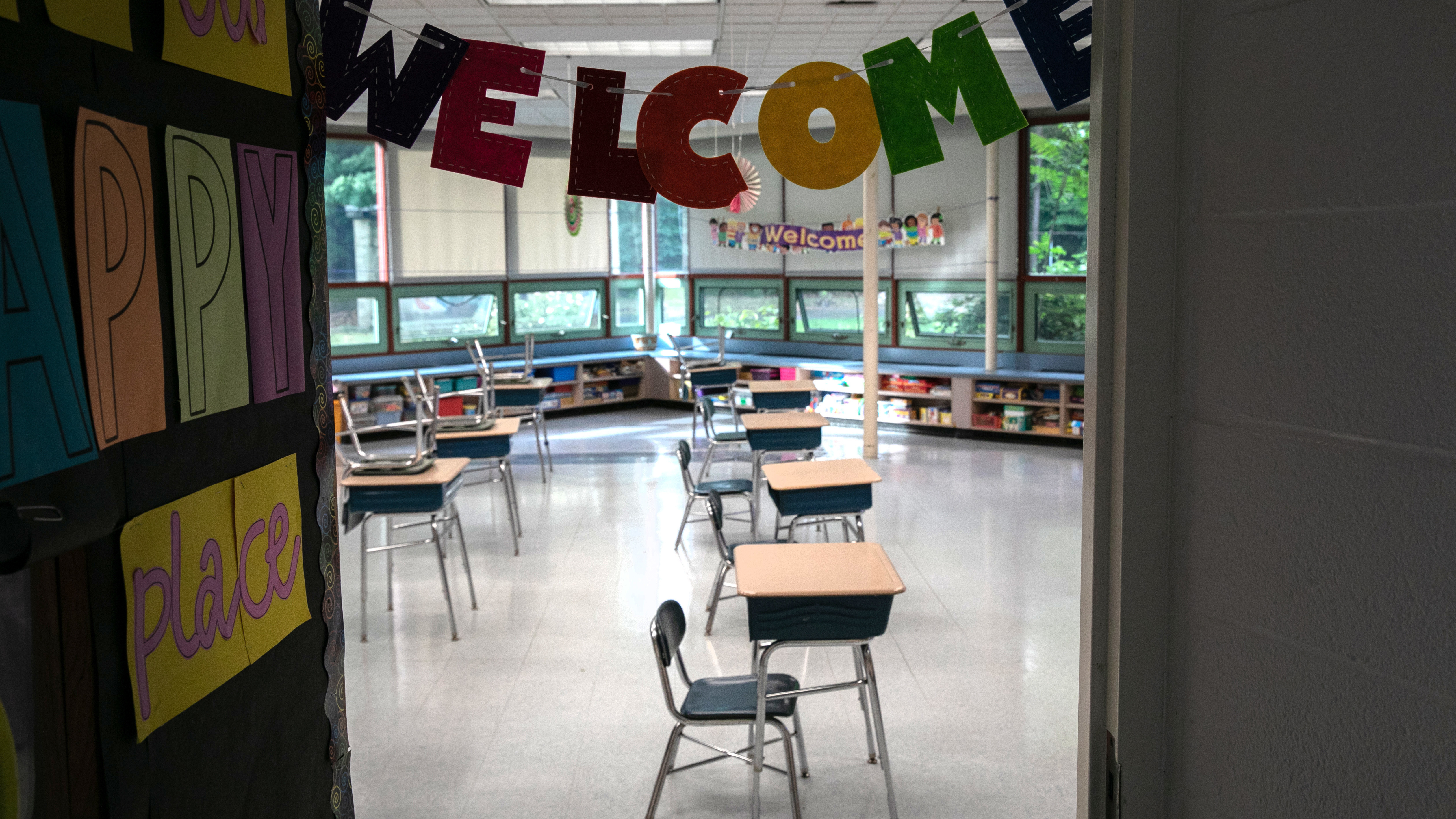 Socially distanced desks, due to the coronavirus pandemic await the first day of school at the Newfield Elementary School on Monday in Stamford, Conn. (Getty Images)