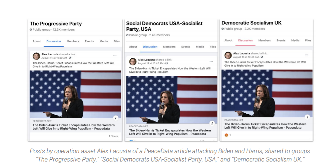 Examples of fake news stories shared on Facebook by a site posing as a news source, PeaceData, which the research firm Graphika says was part of a Kremlin-backed operation to steer voters away from the campaign of Joe Biden and Kamala Harris. (Graphika)