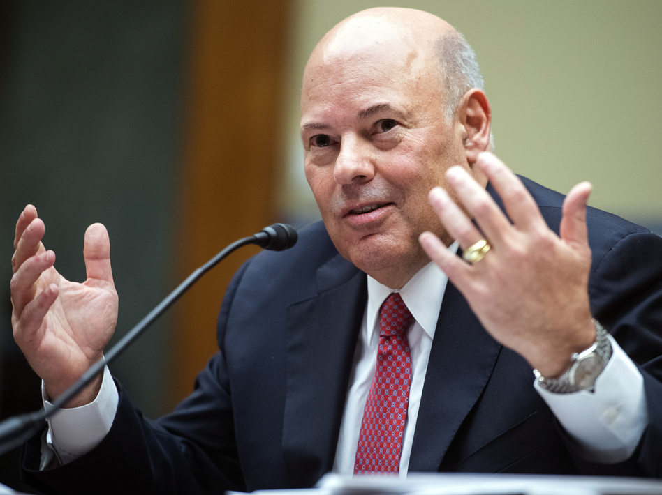 Postmaster General Louis DeJoy, shown last month during a House Oversight and Reform Committee hearing, is now under investigation by that committee. (Tom Williams/Pool via AP)