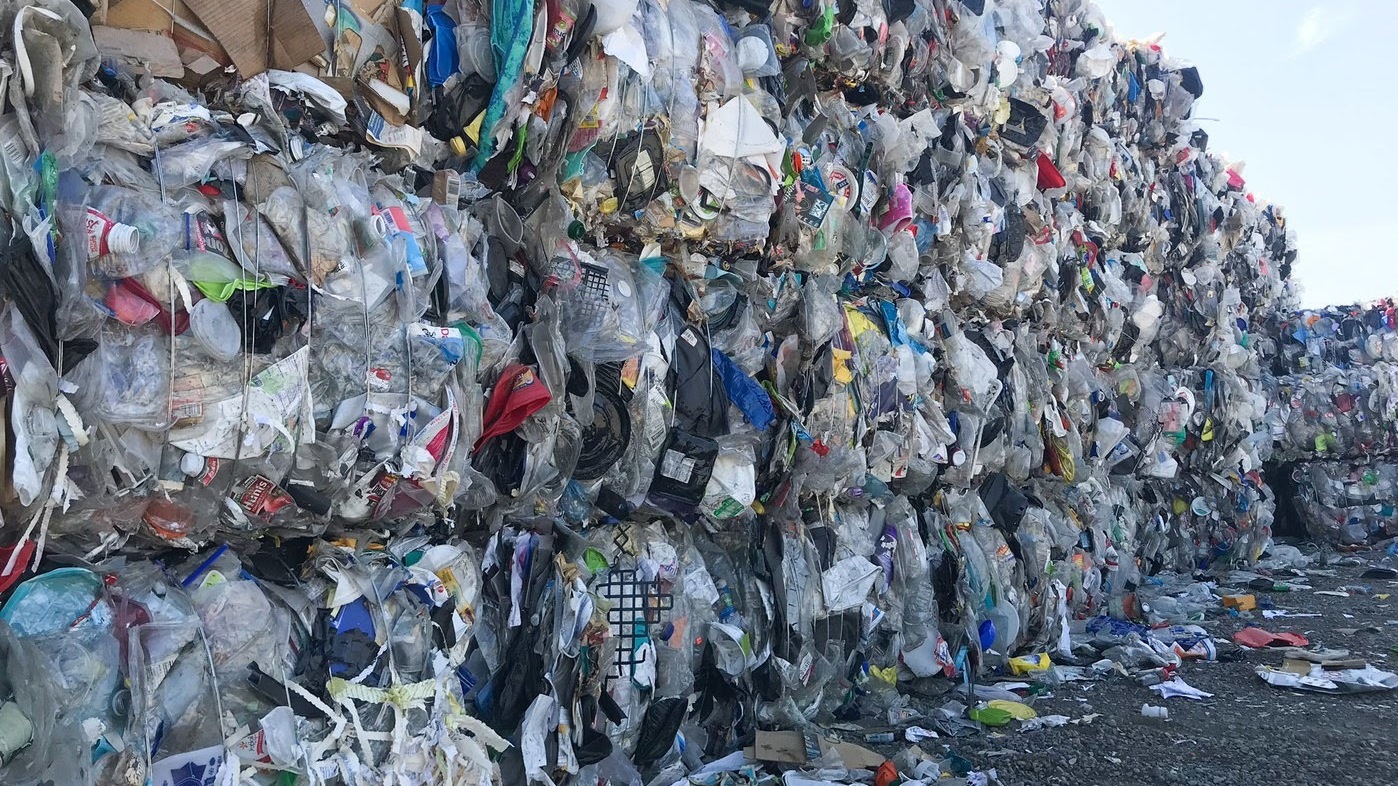 Plastic piles up at Garten Services in Salem, Oregon. (NPR)