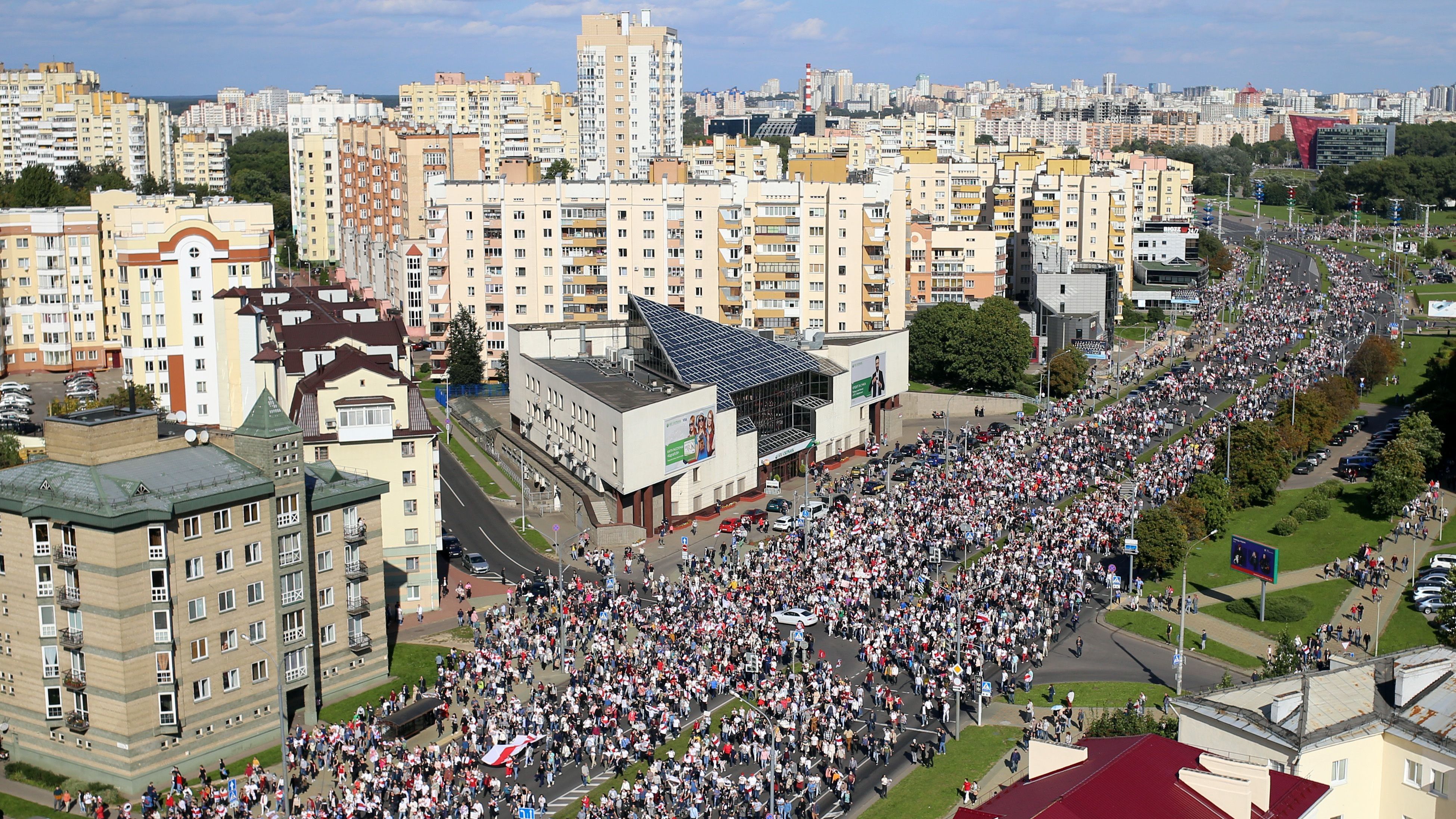 Opposition supporters protest against authoritarian leader Alexander Lukashenko in Minsk on Sunday. (TUT.BY/AFP via Getty Images)