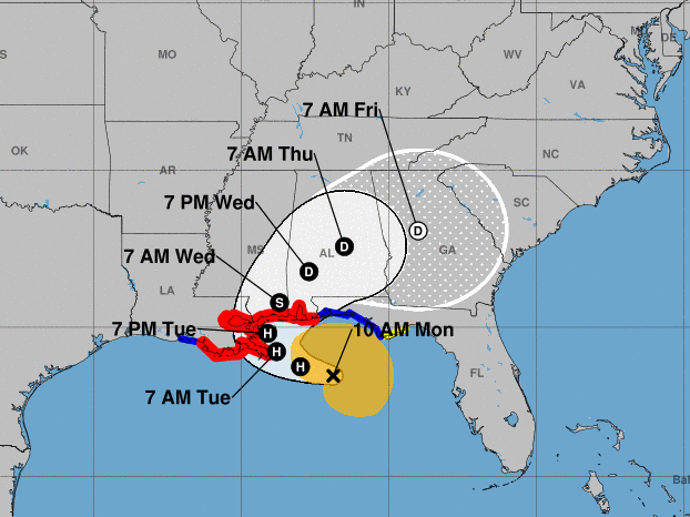 Hurricane Sally is forecast to make landfall on the Gulf Coast on Tuesday, possibly in the area east of Gulfport, Miss. (National Weather Service)