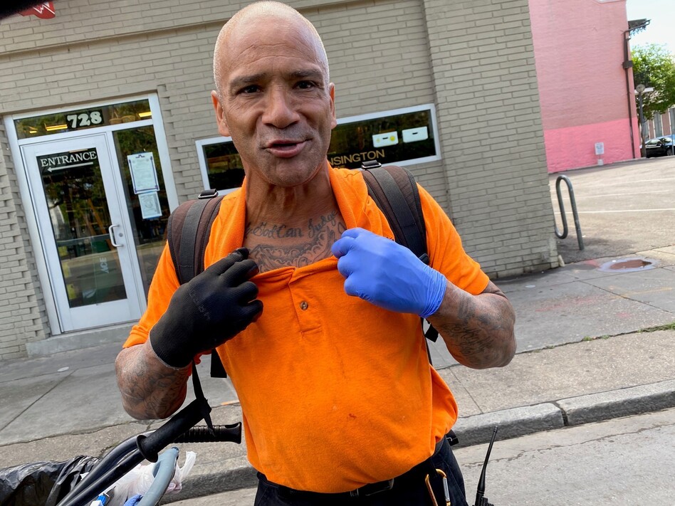 Bobby Parker, showing off his tattoo that reads "Only God Can Judge Me," says he had to sleep outside when he was locked out of his New Orleans home. (Katy Reckdahl )