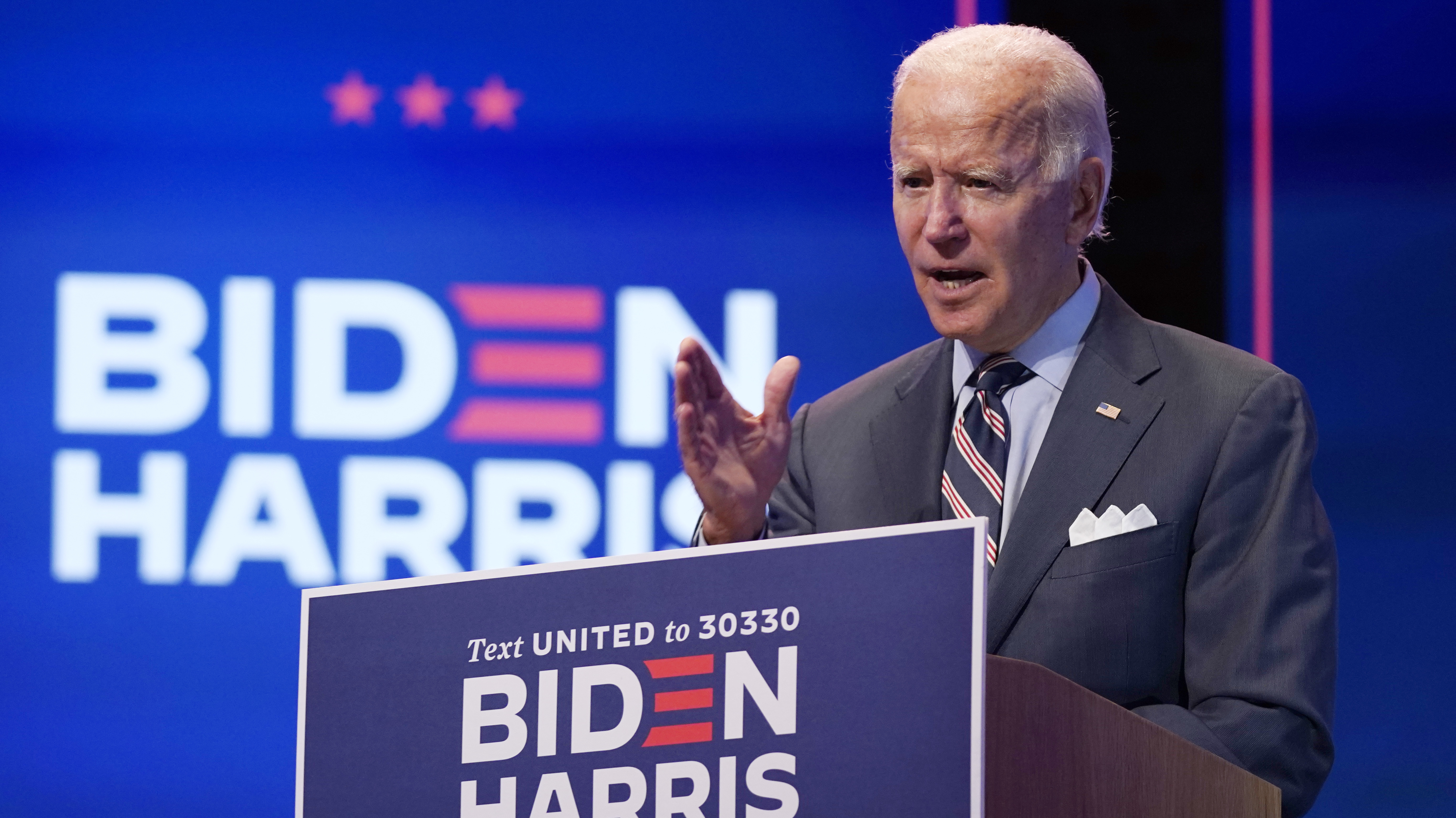 Democratic presidential nominee Joe Biden speaks about coronavirus vaccines after a briefing with public health experts in Wilmington, Del., on Wednesday.