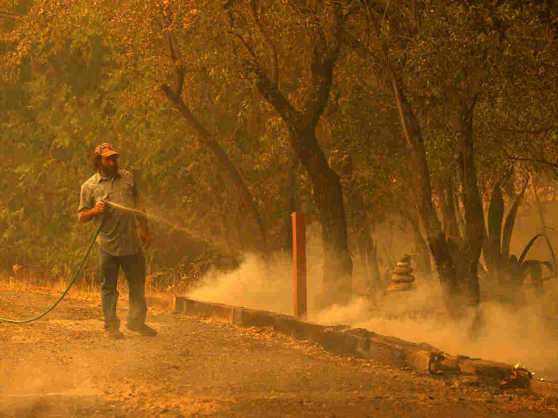 FAIRFIELD, CALIFORNIA - AUGUST 19: A resident uses a garden hose as he extinguishes spot fires while protecting his property as the LNU Lightning Complex fire burns through the area on August 19, 2020 in Fairfield, California. (Photo by Justin Sullivan/Getty Images)