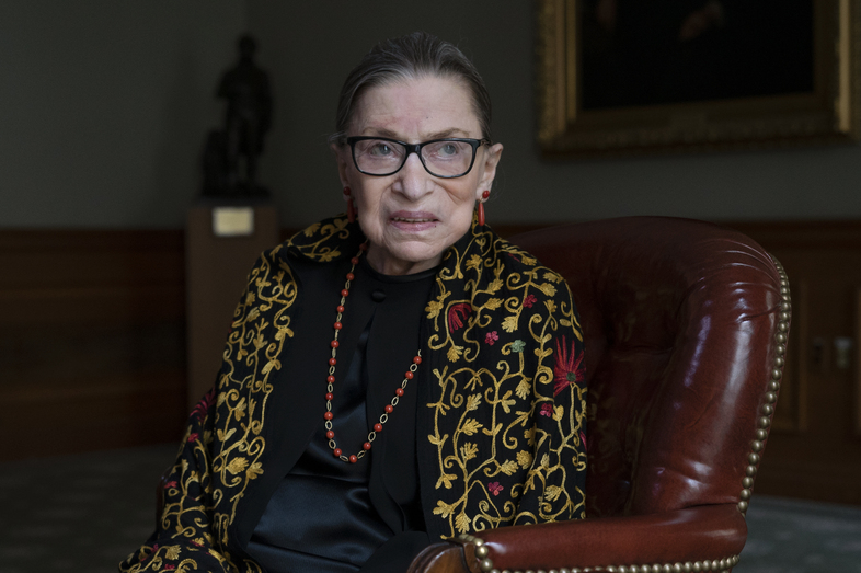 Supreme Court Justice Ruth Bader Ginsburg — here in her chambers during a 2019 interview with NPR's Nina Totenberg — died on Friday at the age of 87. (Shuran Huang/NPR)