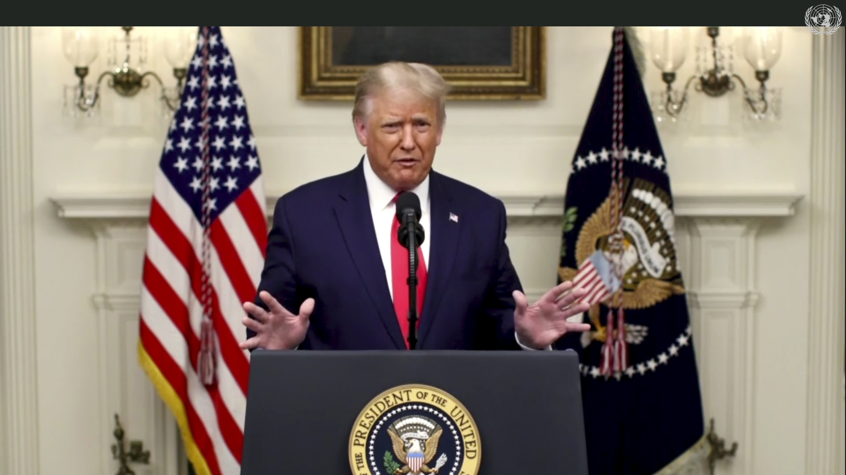 In this image made from UNTV video, President Trump speaks in a pre-recorded message that was played Tuesday during the 75th session of the United Nations General Assembly.