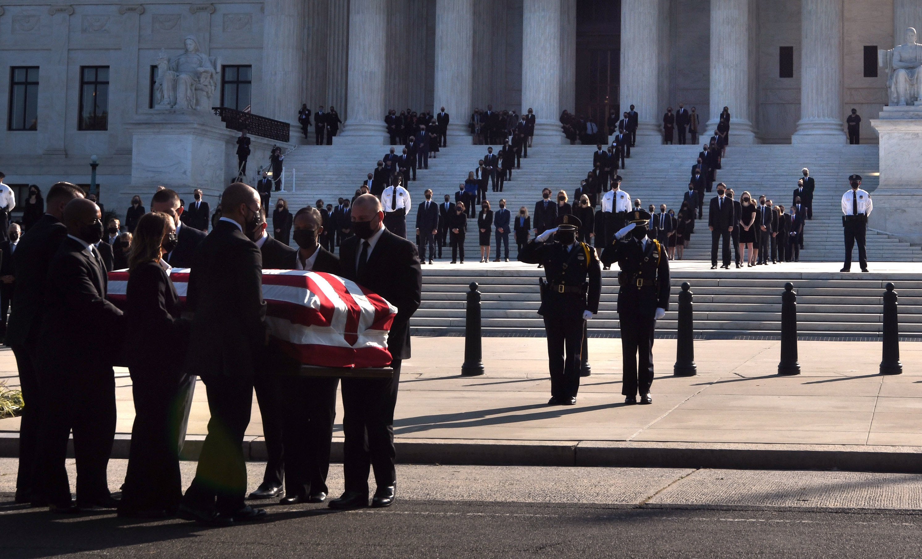 U.S. Supreme Court for Justice Ruth Bader Ginsburg lies in repose at the Supreme Court. (Carol Guzy for NPR)