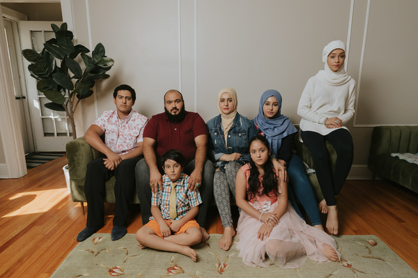 Left to Right: Naji, Ibrahim, Ahmed, Adeebah, Rahaf, Ammal and Hala Aldabaan in their Connecticut home.