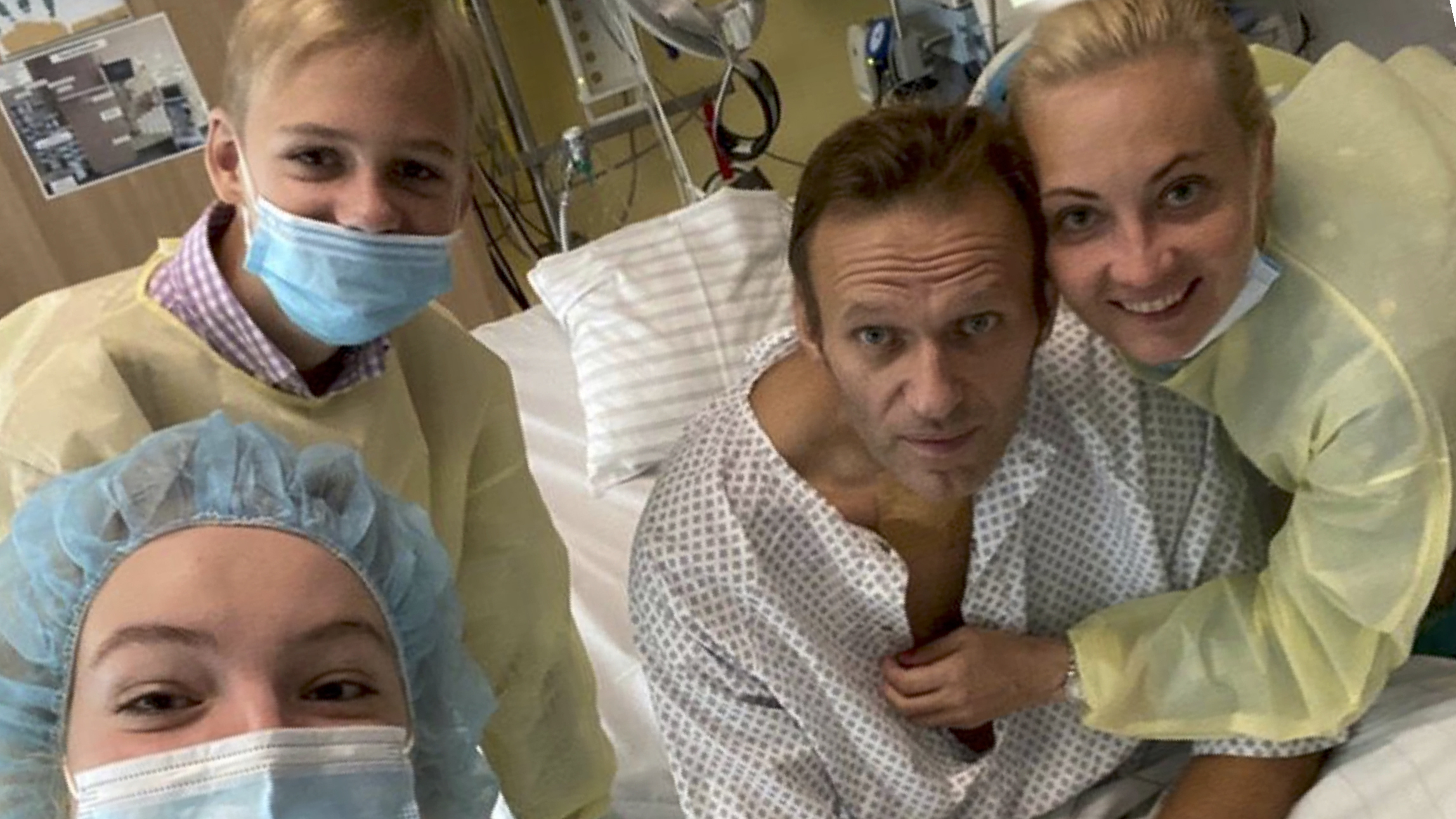 This photo published Sept. 15 by Russian opposition leader Alexei Navalny on his Instagram account shows Navalny, center, his wife Yulia, right, daughter Daria and son Zakhar, top left, in Berlin