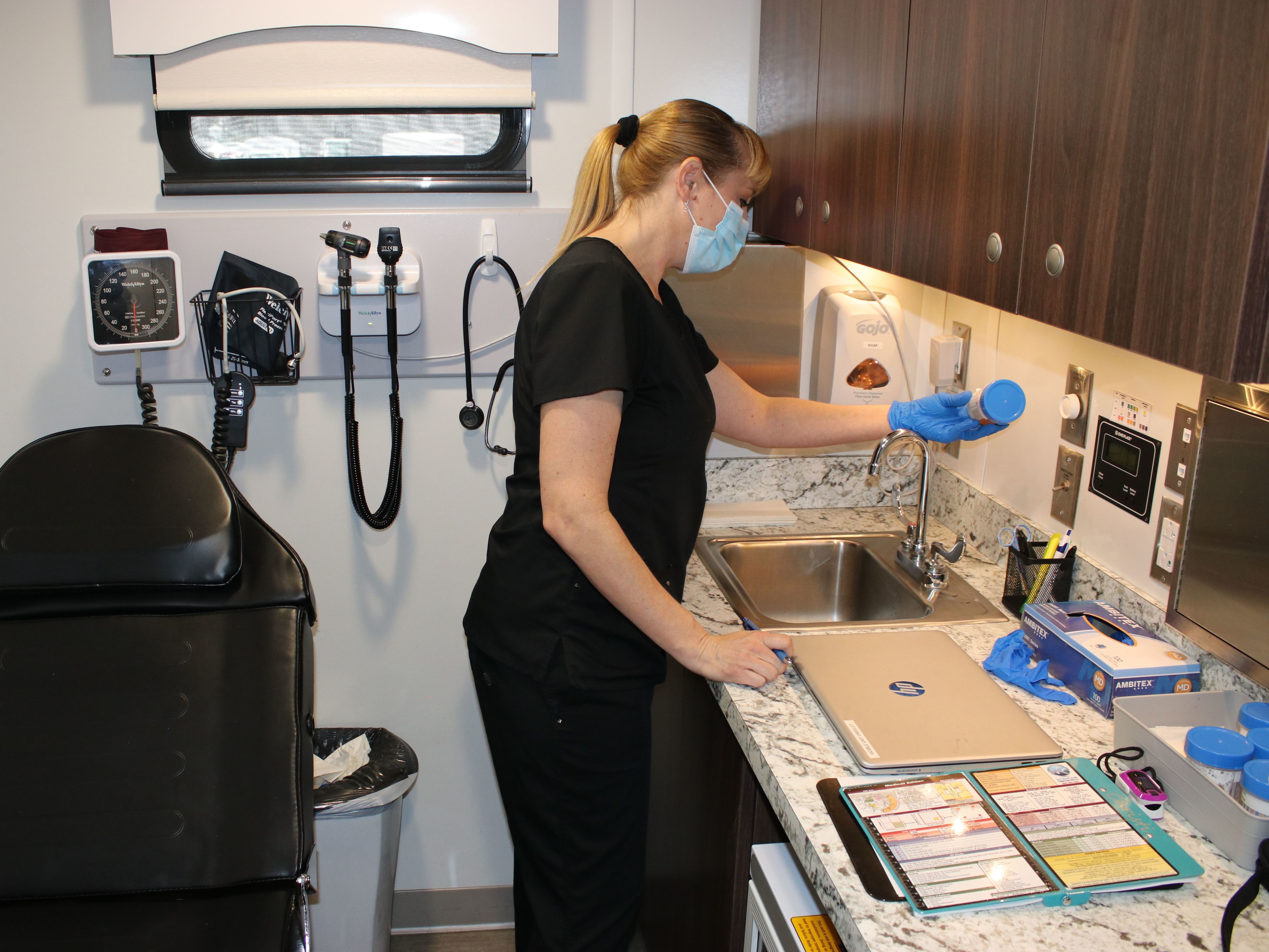 Health On Wheels: Tricked-Out RVs Deliver Addiction Treatment To Rural Colorado 1 Couron preps urine samples in the mobile addiction treatment clinic to send to the lab for detailed analysis. Test strips within the specimen cup give an early assessment by instantly checking for 13 categories of drugs — from opiates to antidepressants.