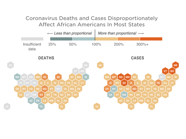 Map of disproportionate COVID-19 outcomes for African Americans