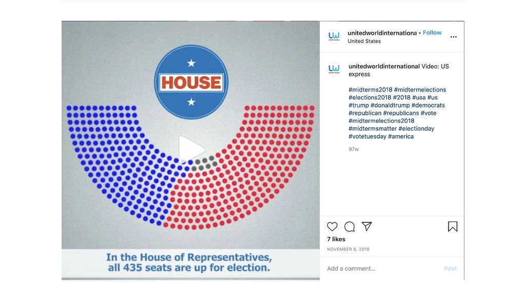 A screenshot of an Instagram post Facebook linked to Russia's Internet Research Agency. United World International was a phony website created by the Russian operation and promoted on social media. (Facebook)