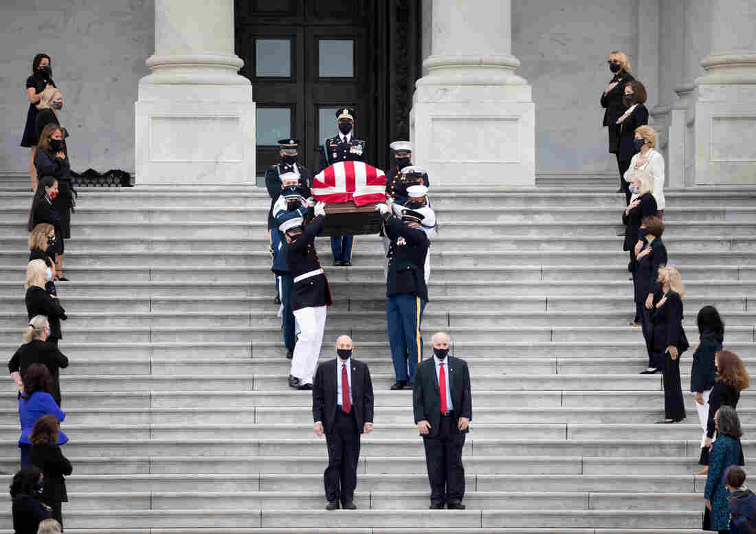 Female Democratic senators and congresswomen including House Speaker Nancy Pelosi as well as Senate Minority Leader Chuck Schumer lined up to bid farewell to the late Supreme Court Associate Justice Ruth Bader Ginsburg whose body lay in state at the U.S. Capitol for two hours in Washington, D.C., on Sept. 25, 2020.