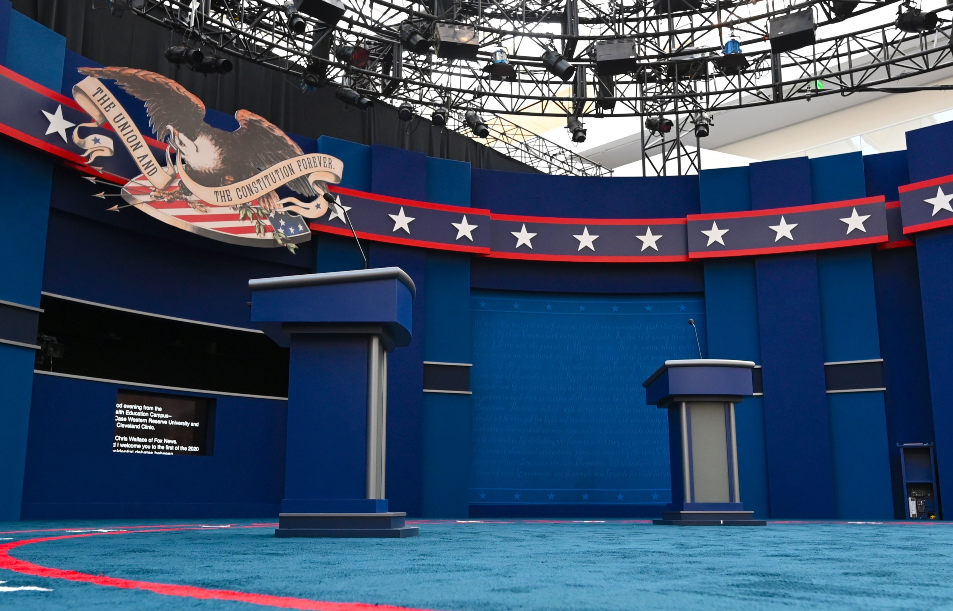 The stage of the first presidential debate, in Cleveland. Tuesday's debate between President Trump and Democratic nominee Joe Biden will be the first of three 90-minute debates between the two. (AFP via Getty Images)