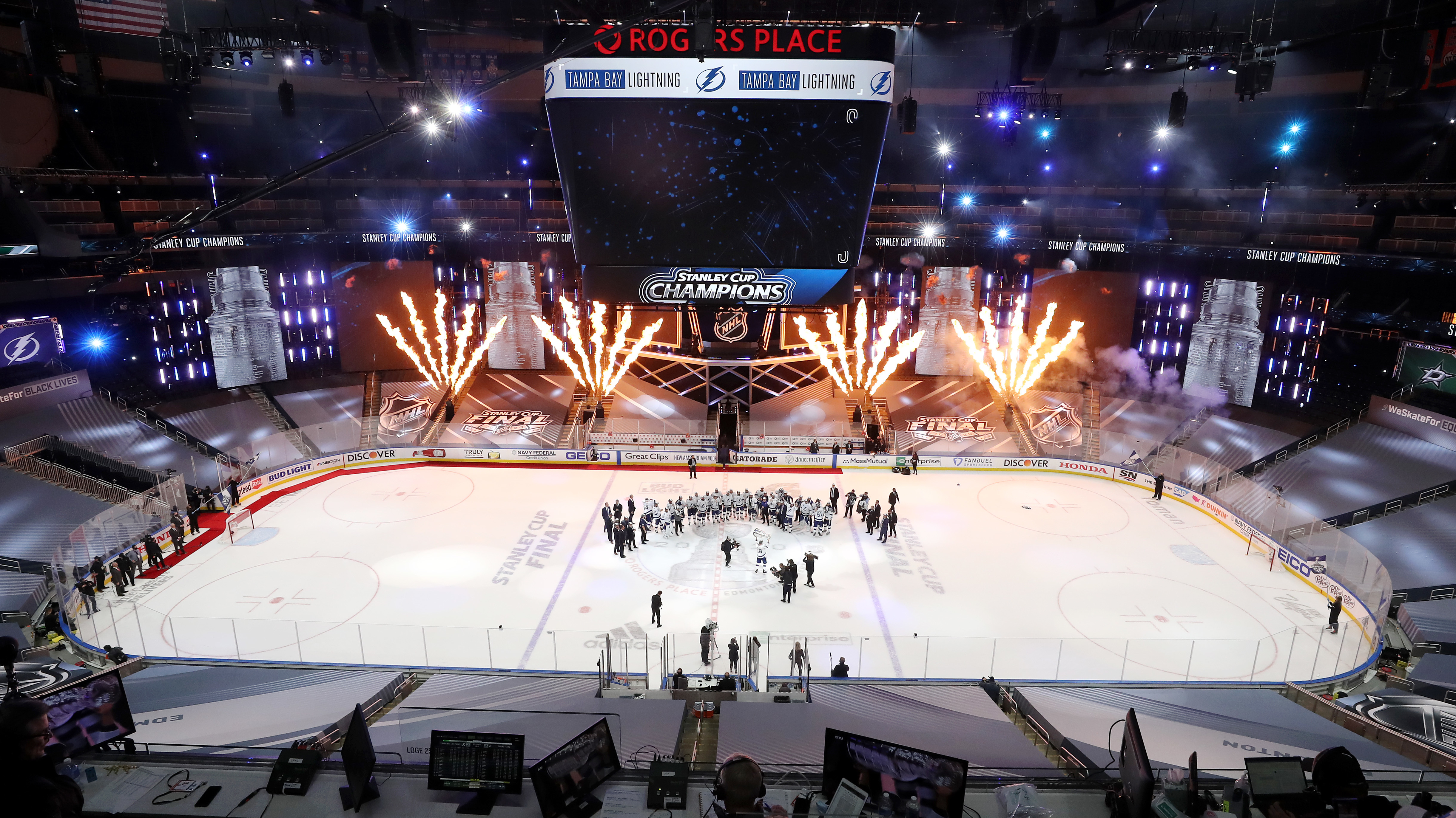 The Tampa Bay Lightning celebrate winning the Stanley Cup on Monday in Edmonton, Canada. (Getty Images)