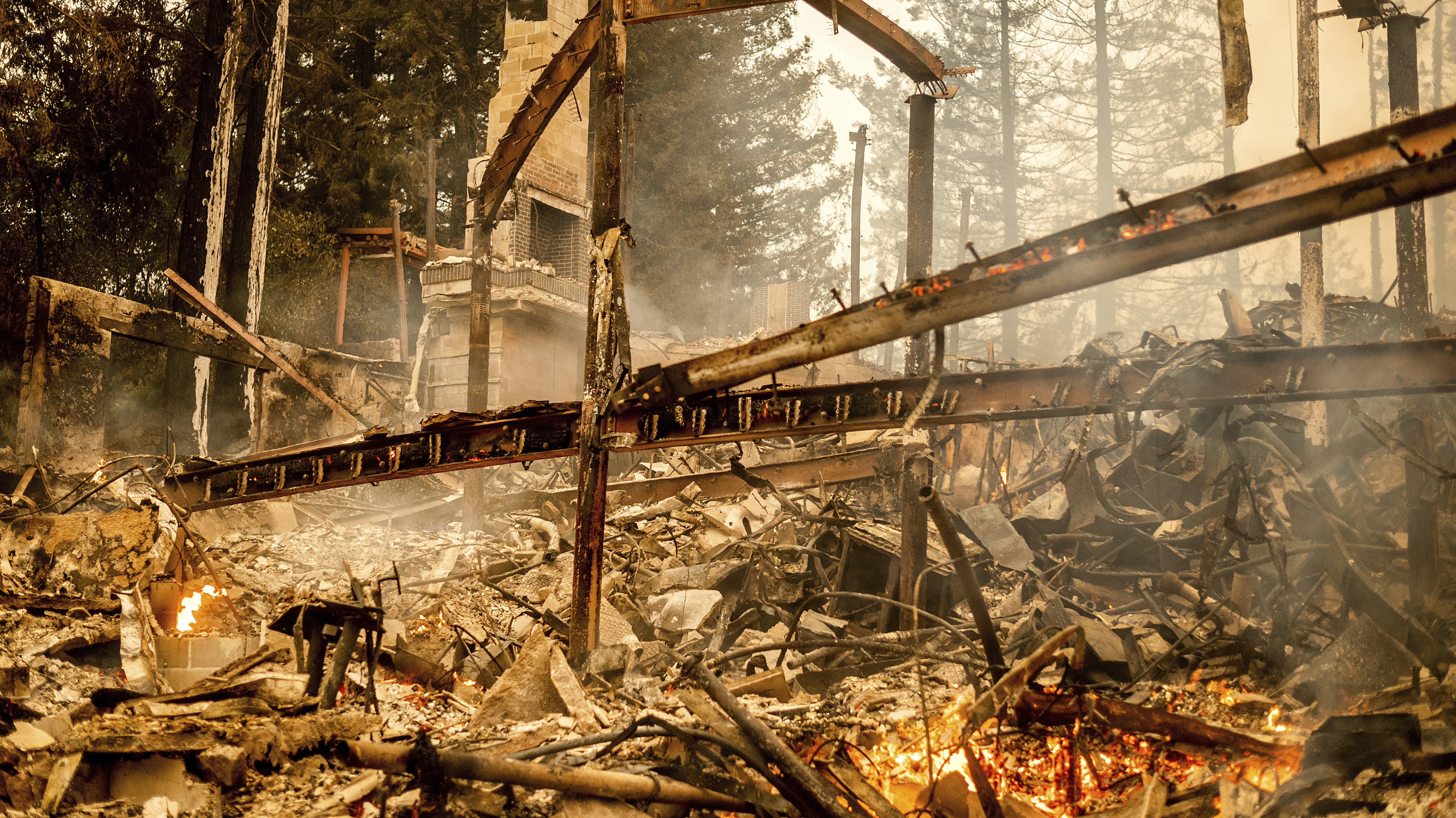 Charred framing remains, Monday, Sept. 28, at the Restaurant at Meadowood, which burned in the Glass Fire, in St. Helena, Calif.