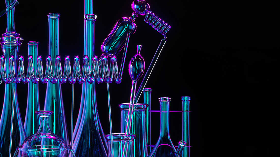 A set of different chemist flasks on black background.