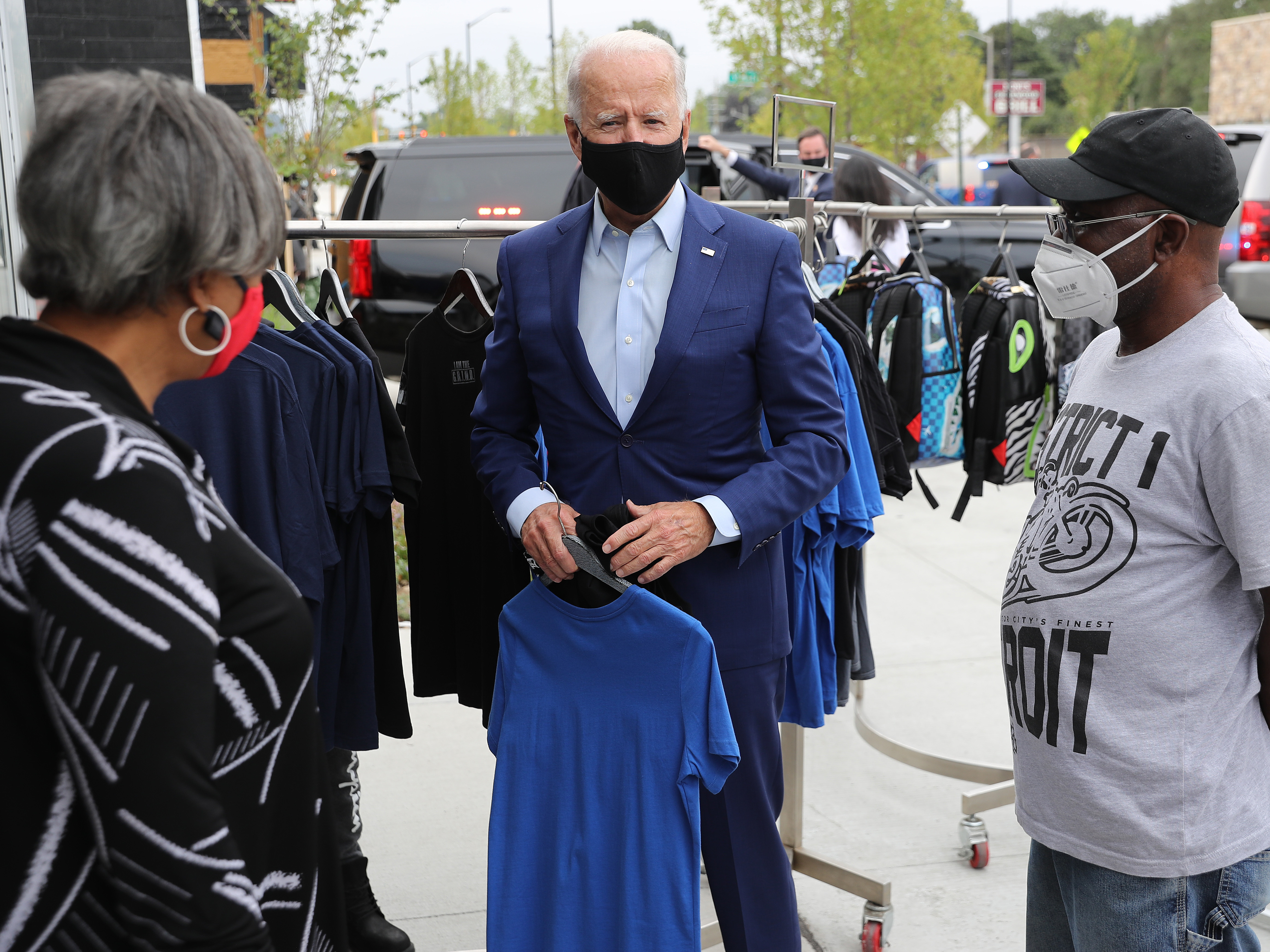Joe Biden shops at Three Thirteen, a Detroit apparel store on Sept. 9. Biden is hoping Black and brown voters can help propel him to victory in Michigan, a state President Trump narrowly won in 2016. (Getty Images)