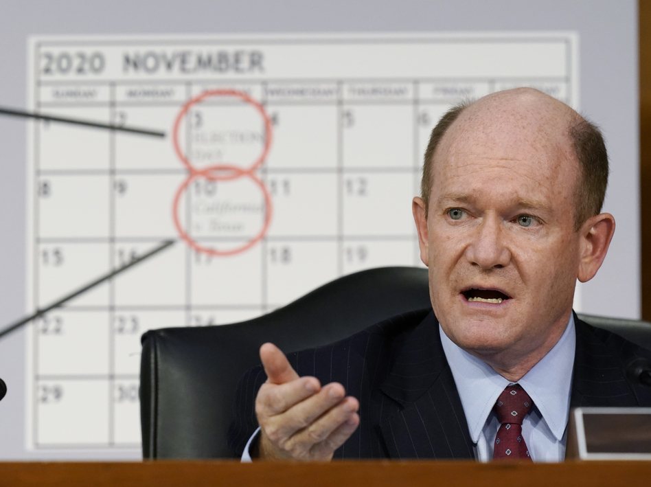 Sen. Chris Coons, D-Del., talks during the confirmation hearing for Supreme Court nominee Amy Coney Barrett Tuesday. (Patrick Semansky/AP)