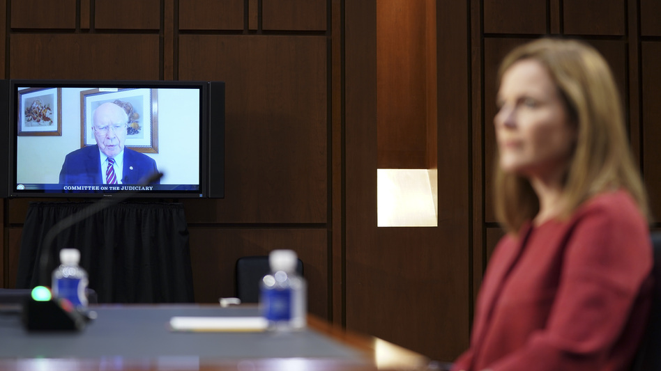 Sen. Patrick Leahy, D-Vt., speaks via videoconference during Amy Coney Barrett's Supreme Court confirmation hearing on Tuesday. (Stefani Reynolds/Pool/Getty Images)