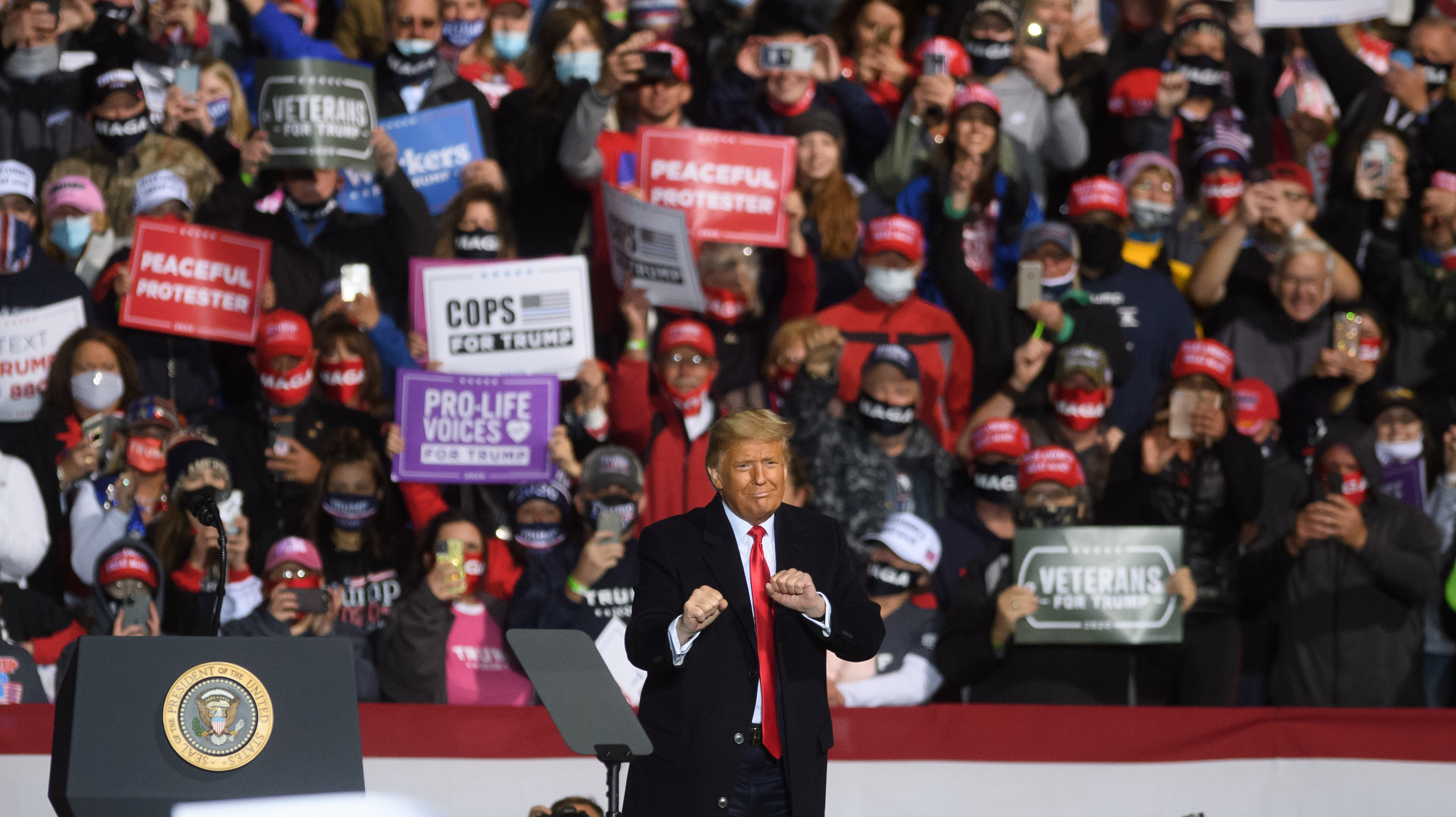 President Trump dances after his hour-long speech to supporters at a rally in Johnstown, Pa., Tuesday evening. (Getty Images)