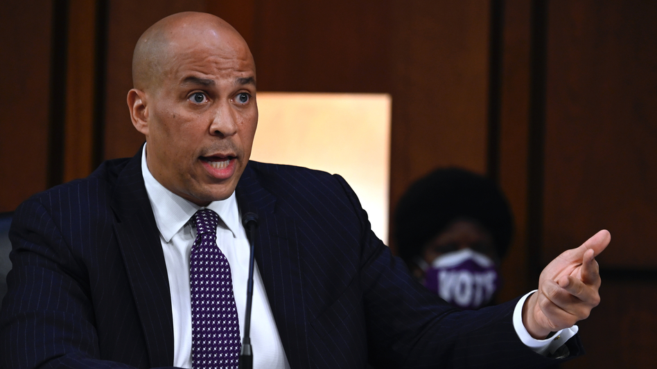 Sen. Cory Booker, D-N.J., questions Supreme Court nominee Judge Amy Coney Barrett as she testifies before the Senate Judiciary Committee on the third day of her confirmation hearing. (Andrew Caballero-Reynolds-Pool/Getty Images)