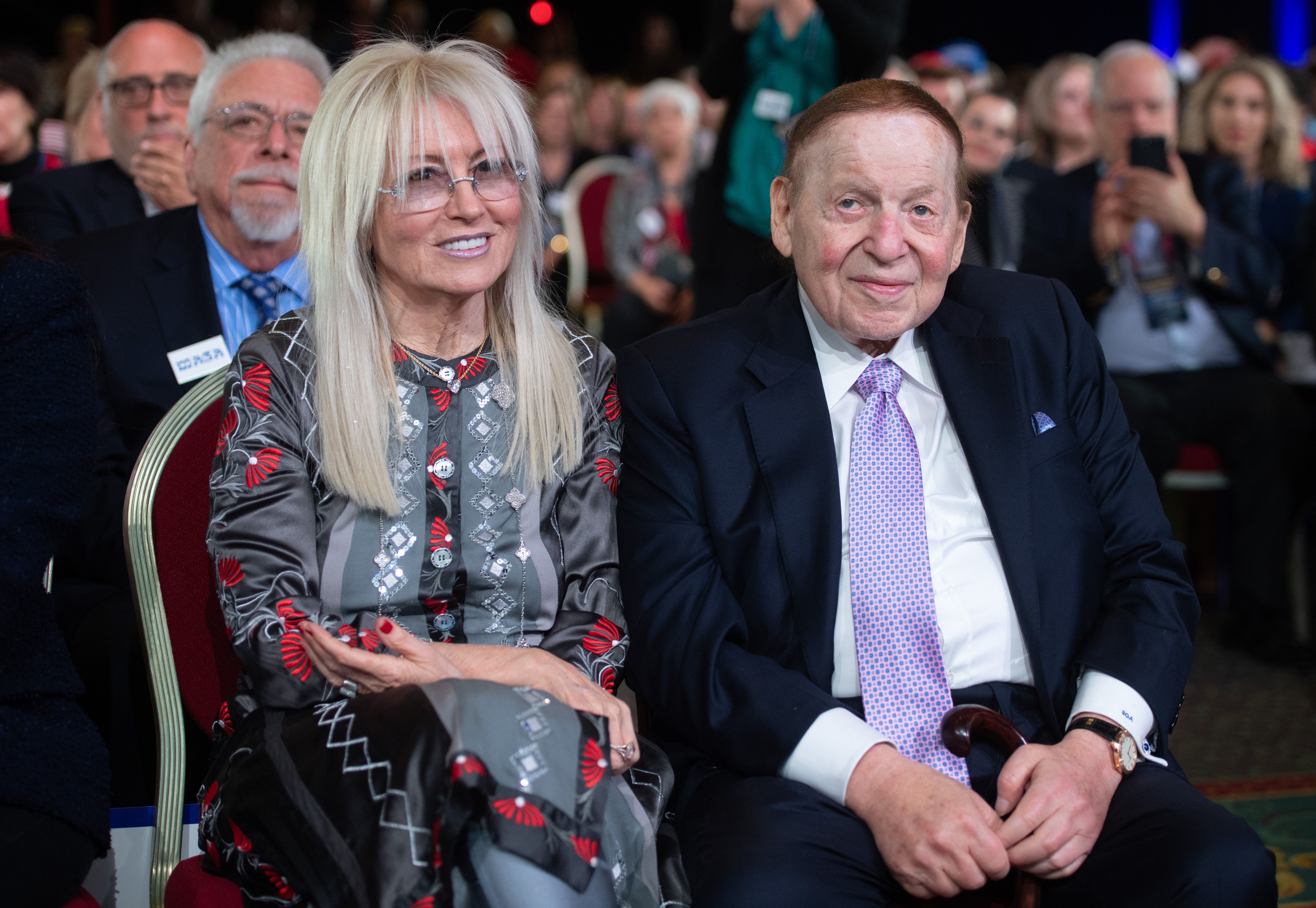 Sheldon Adelson and his wife Miriam at a speech by President Trump during the Republican Jewish Coalition 2019 Annual Leadership Meeting in Las Vegas. (AFP via Getty Images)