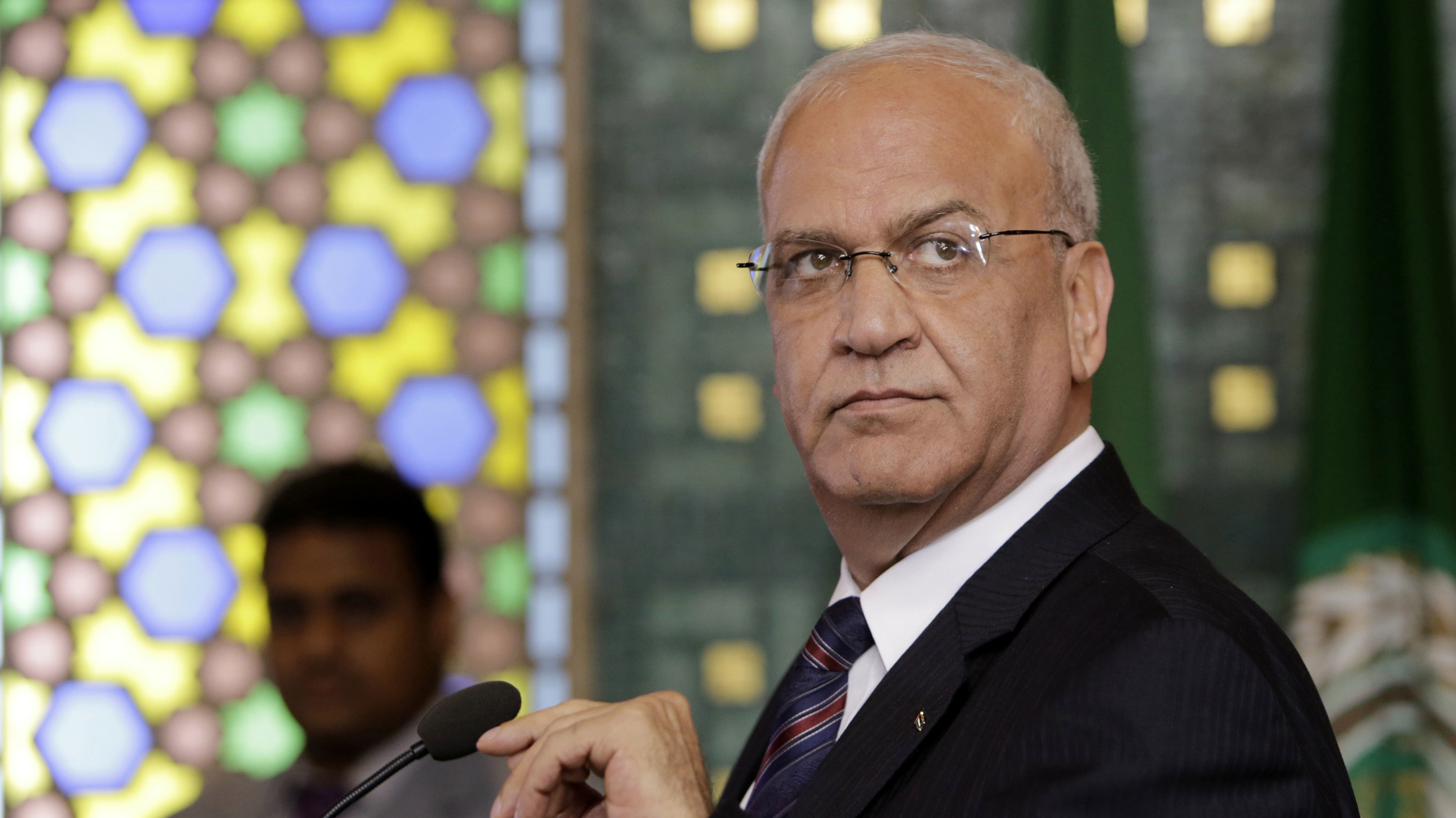 Chief Palestinian negotiator Saeb Erekat seen at a 2014 press conference at the Arab League headquarters in Cairo, Egypt.