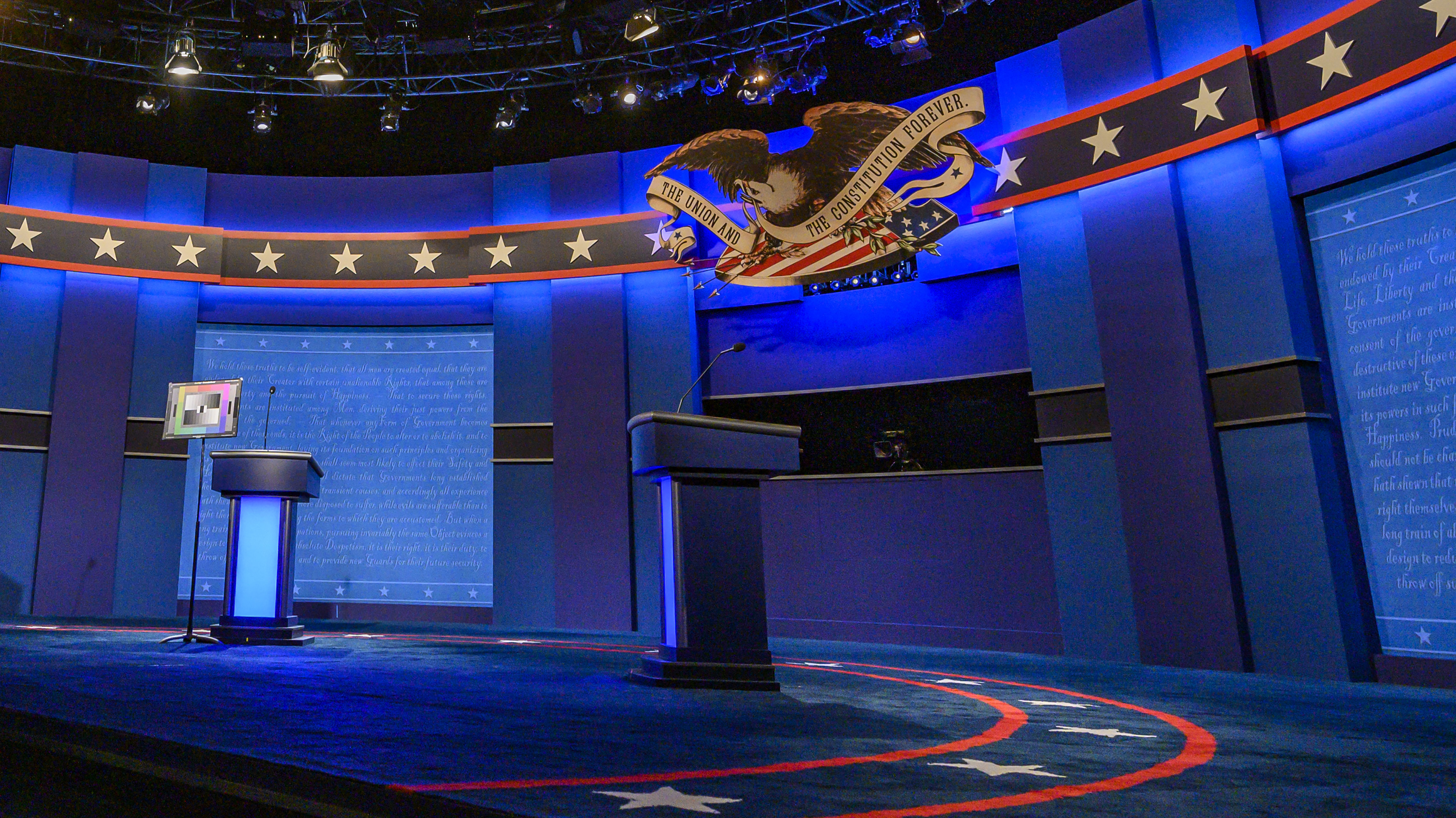 The stage for the final presidential debate of the 2020 election is tested for light and sound at Belmont University in Nashville, Tenn., on Wednesday. (AFP via Getty Images)