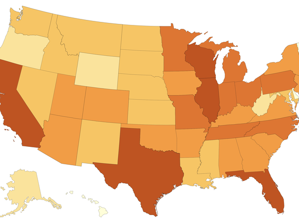 The U.S. has returned to an alarming height in new coronavirus cases, topping 70,000 for the first time since July. Here, a Centers for Disease Control and Prevention map shows COVID-19 cases reported in the past seven days, as of Thursday afternoon.