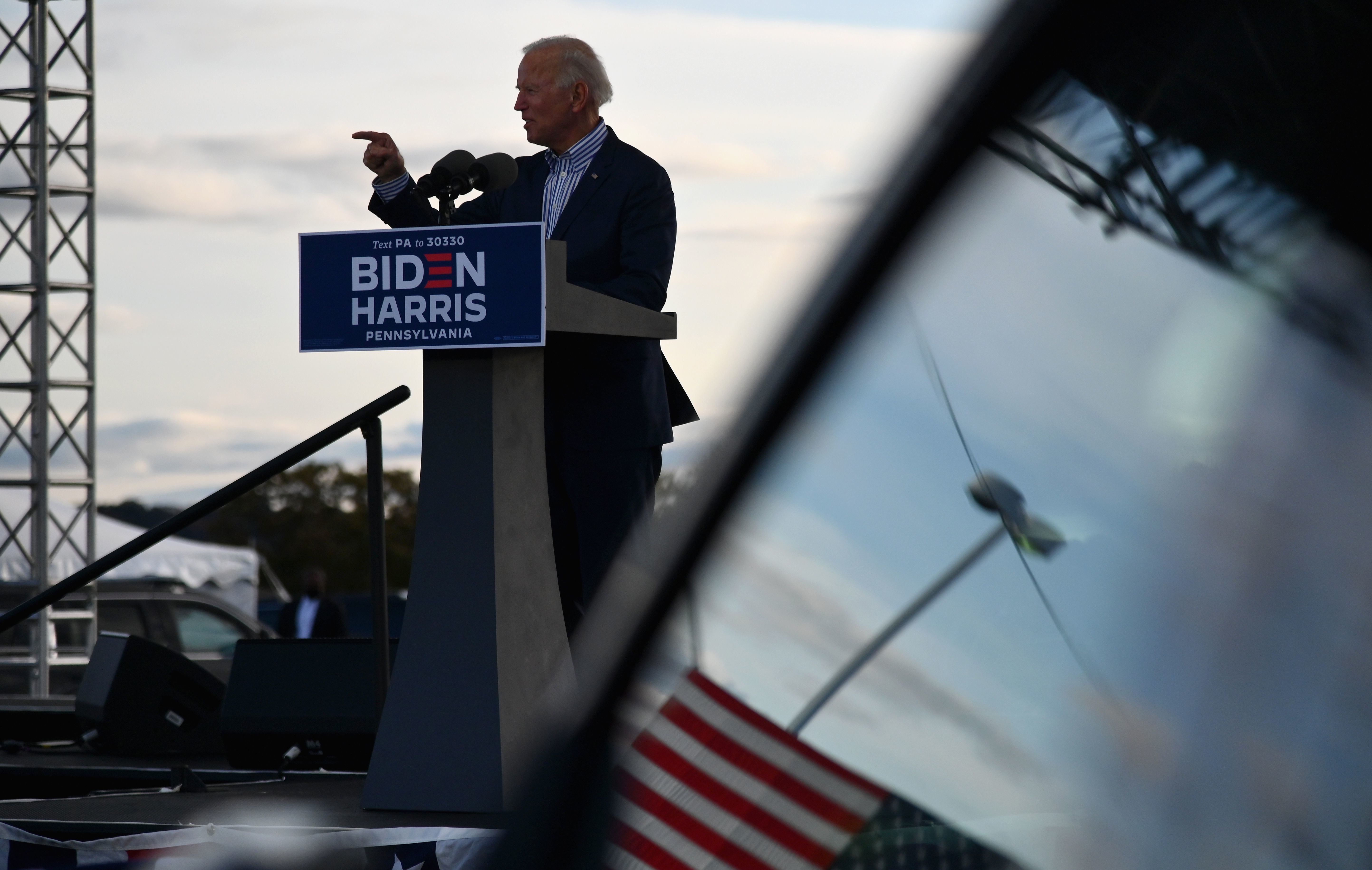 Democratic presidential nominee Joe Biden speaks at a drive-in rally at Dallas High School in Dallas, Pa., on Saturday. Pennsylvania is a crucial state, with both Biden and President Trump having visited in recent days. (AFP via Getty Images)