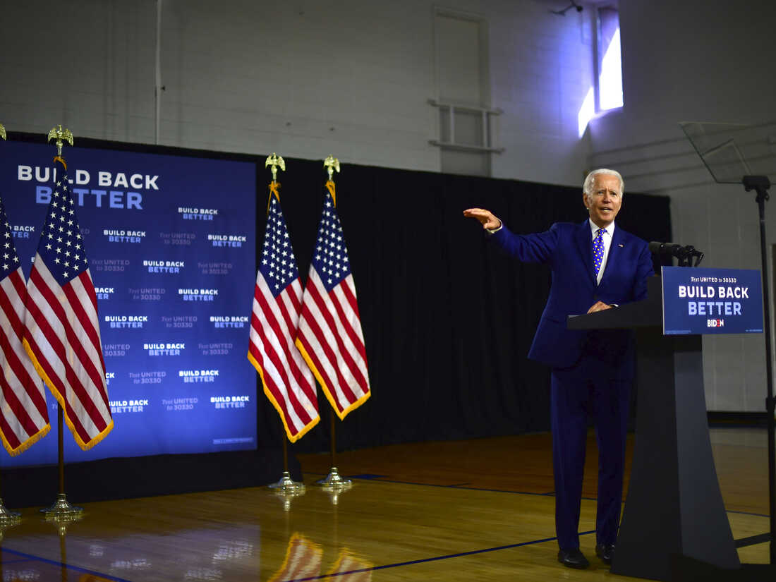 Democratic presidential nominee former Vice President Joe Biden on July 28, 2020 in Wilmington, Delaware talking about his Build Back Better economic plan.